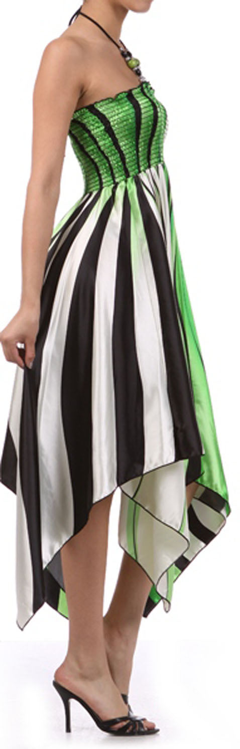 Swirl Design Satin Feel Beaded Halter Smocked Bodice Handkerchief Hem Dress - Concordia Style Boutique
