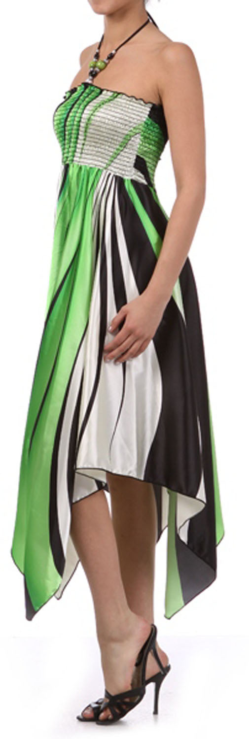 Swirl Design Satin Feel Beaded Halter Smocked Bodice Handkerchief Hem Dress - Concordia Style Boutique