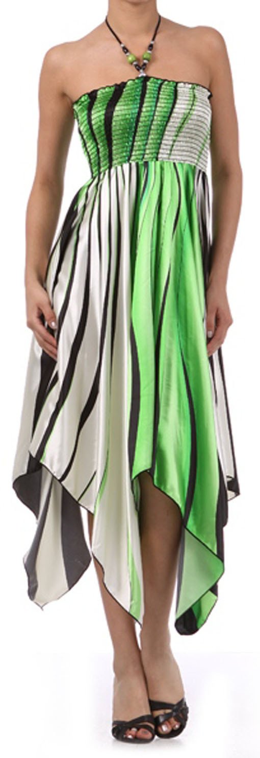 Swirl Design Satin Feel Beaded Halter Smocked Bodice Handkerchief Hem Dress - Concordia Style Boutique