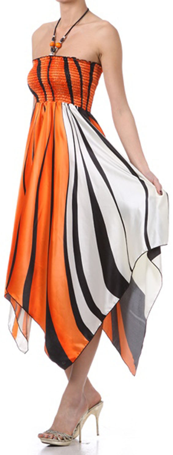 Swirl Design Satin Feel Beaded Halter Smocked Bodice Handkerchief Hem Dress - Concordia Style Boutique