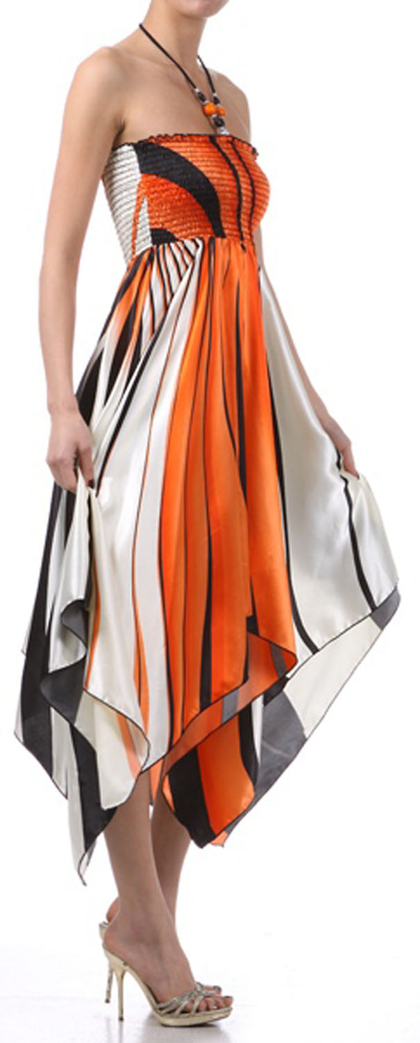 Swirl Design Satin Feel Beaded Halter Smocked Bodice Handkerchief Hem Dress - Concordia Style Boutique