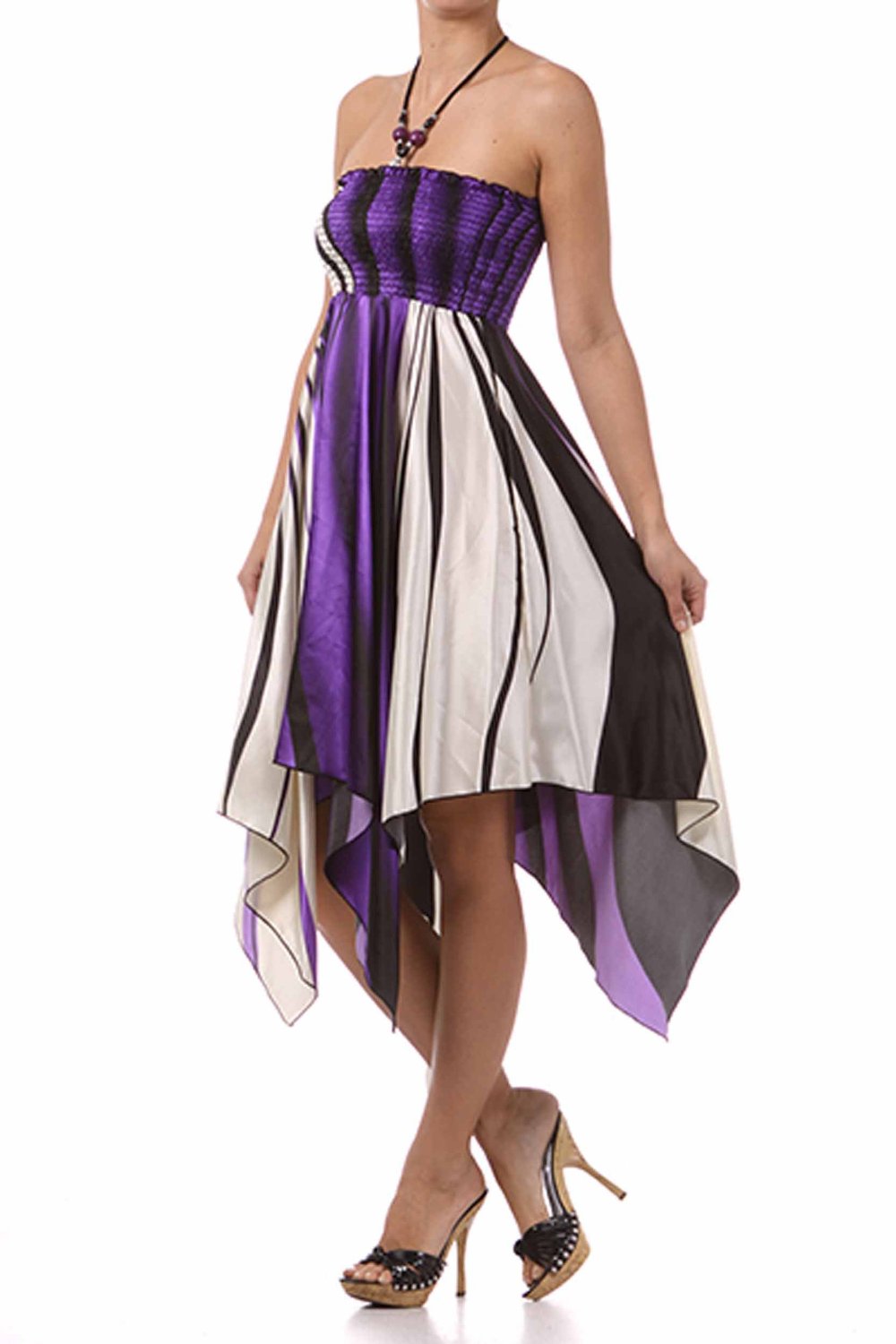 Swirl Design Satin Feel Beaded Halter Smocked Bodice Handkerchief Hem Dress - Concordia Style Boutique
