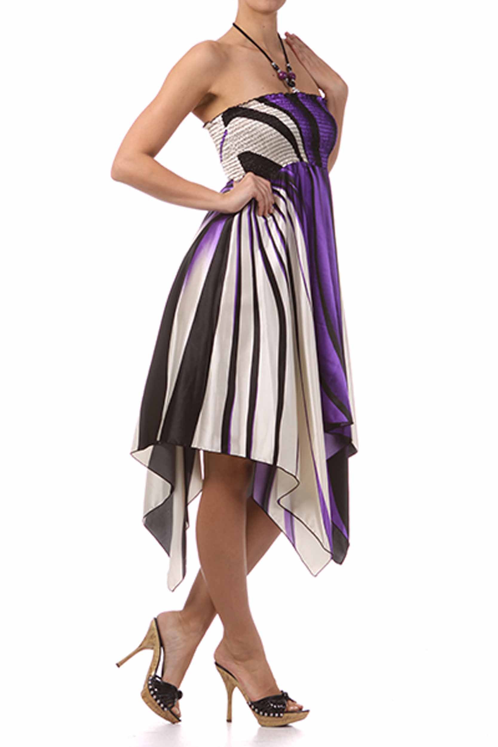 Swirl Design Satin Feel Beaded Halter Smocked Bodice Handkerchief Hem Dress - Concordia Style Boutique