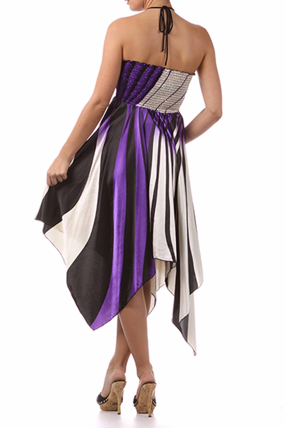 Swirl Design Satin Feel Beaded Halter Smocked Bodice Handkerchief Hem Dress - Concordia Style Boutique