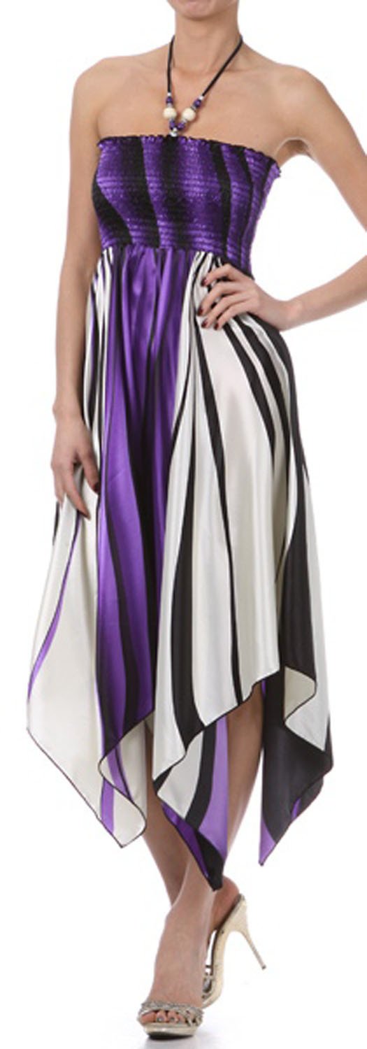 Swirl Design Satin Feel Beaded Halter Smocked Bodice Handkerchief Hem Dress - Concordia Style Boutique