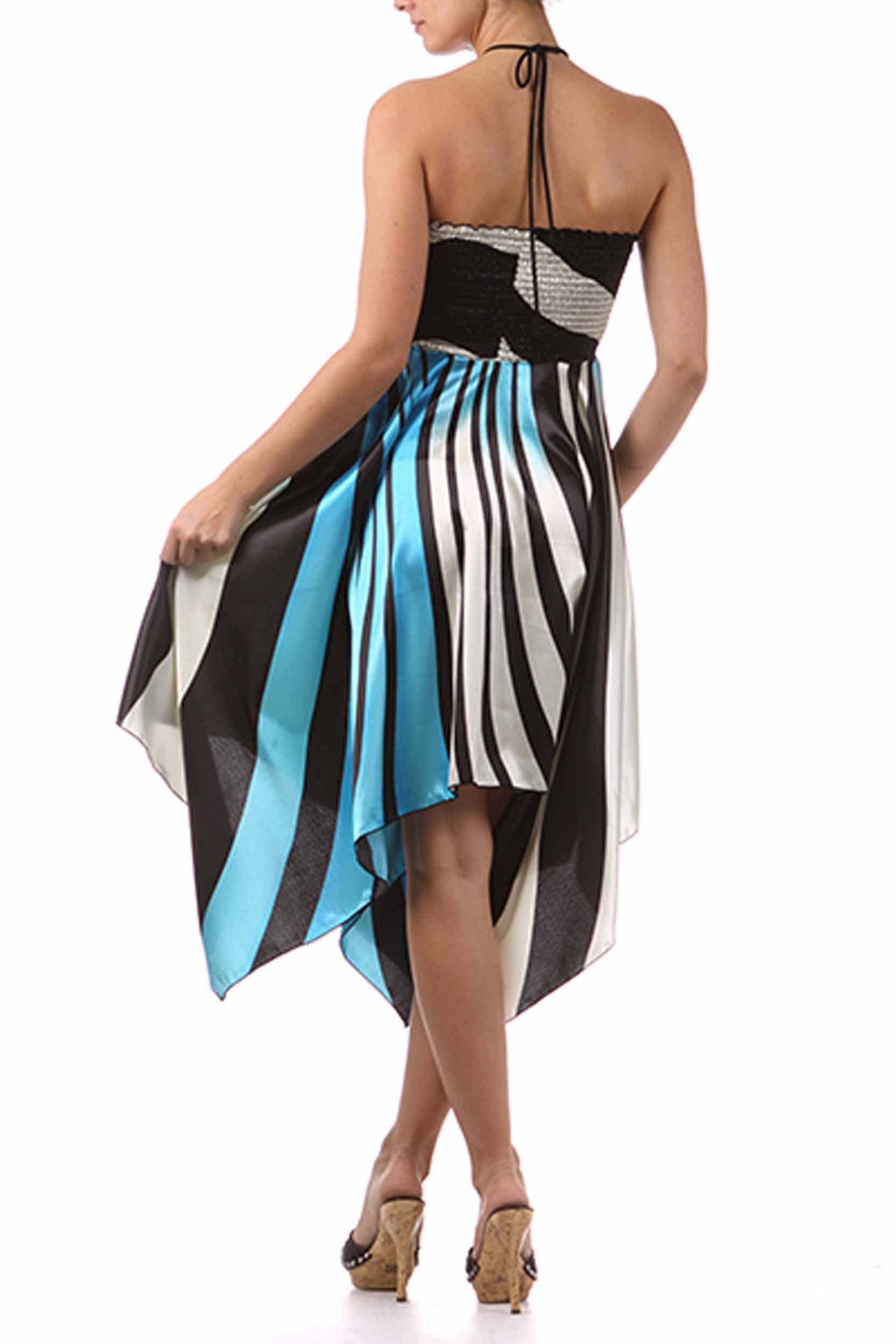 Swirl Design Satin Feel Beaded Halter Smocked Bodice Handkerchief Hem Dress - Concordia Style Boutique