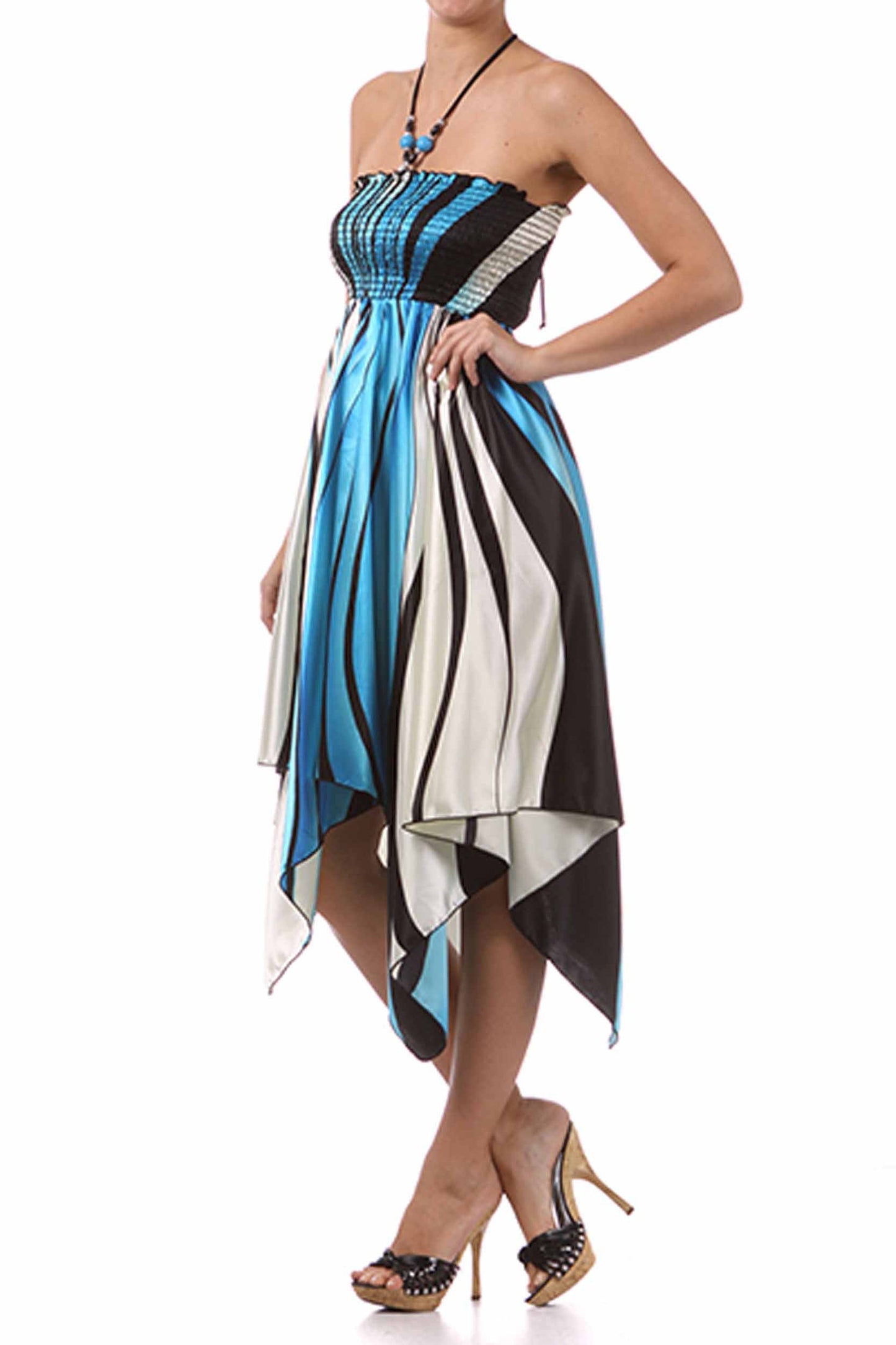 Swirl Design Satin Feel Beaded Halter Smocked Bodice Handkerchief Hem Dress - Concordia Style Boutique