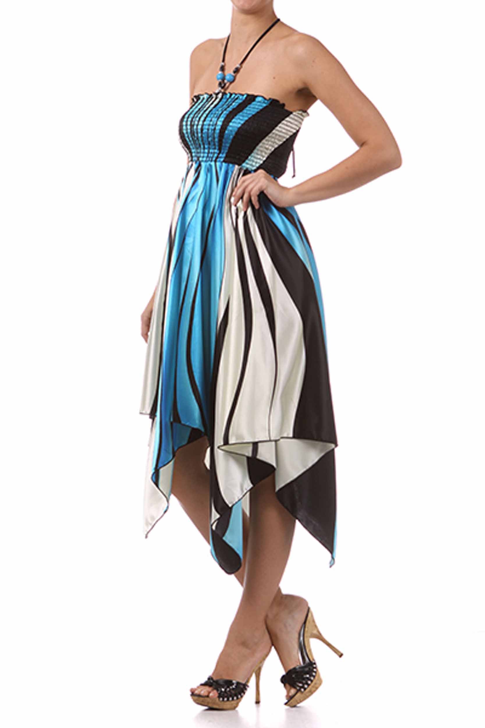 Swirl Design Satin Feel Beaded Halter Smocked Bodice Handkerchief Hem Dress - Concordia Style Boutique