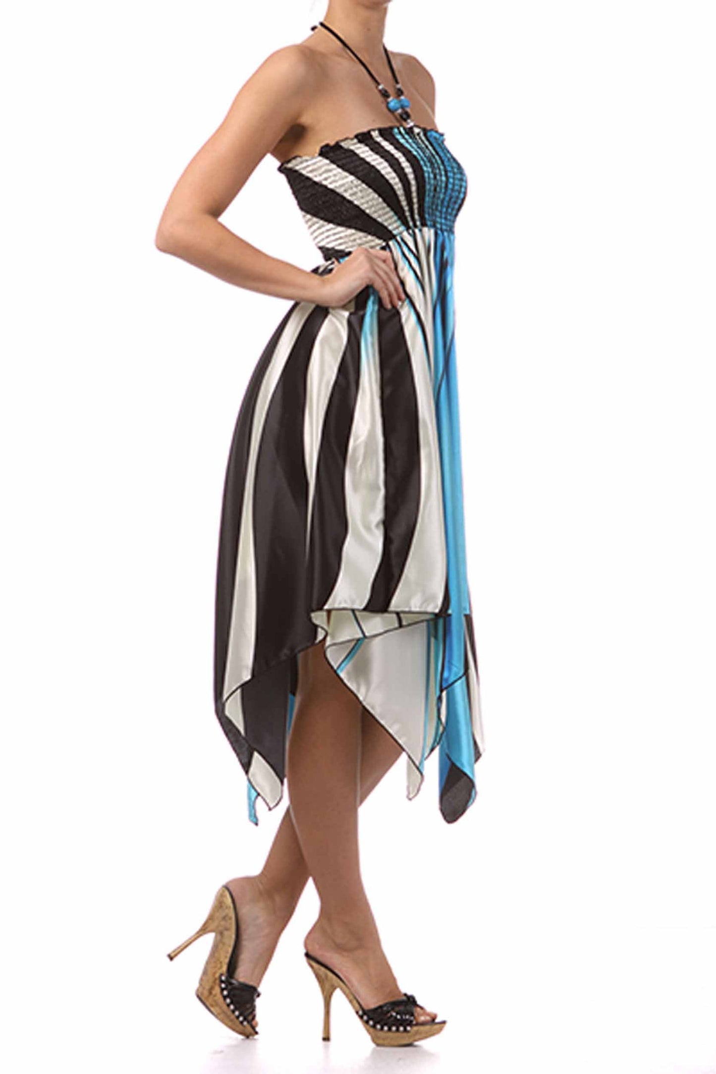 Swirl Design Satin Feel Beaded Halter Smocked Bodice Handkerchief Hem Dress - Concordia Style Boutique
