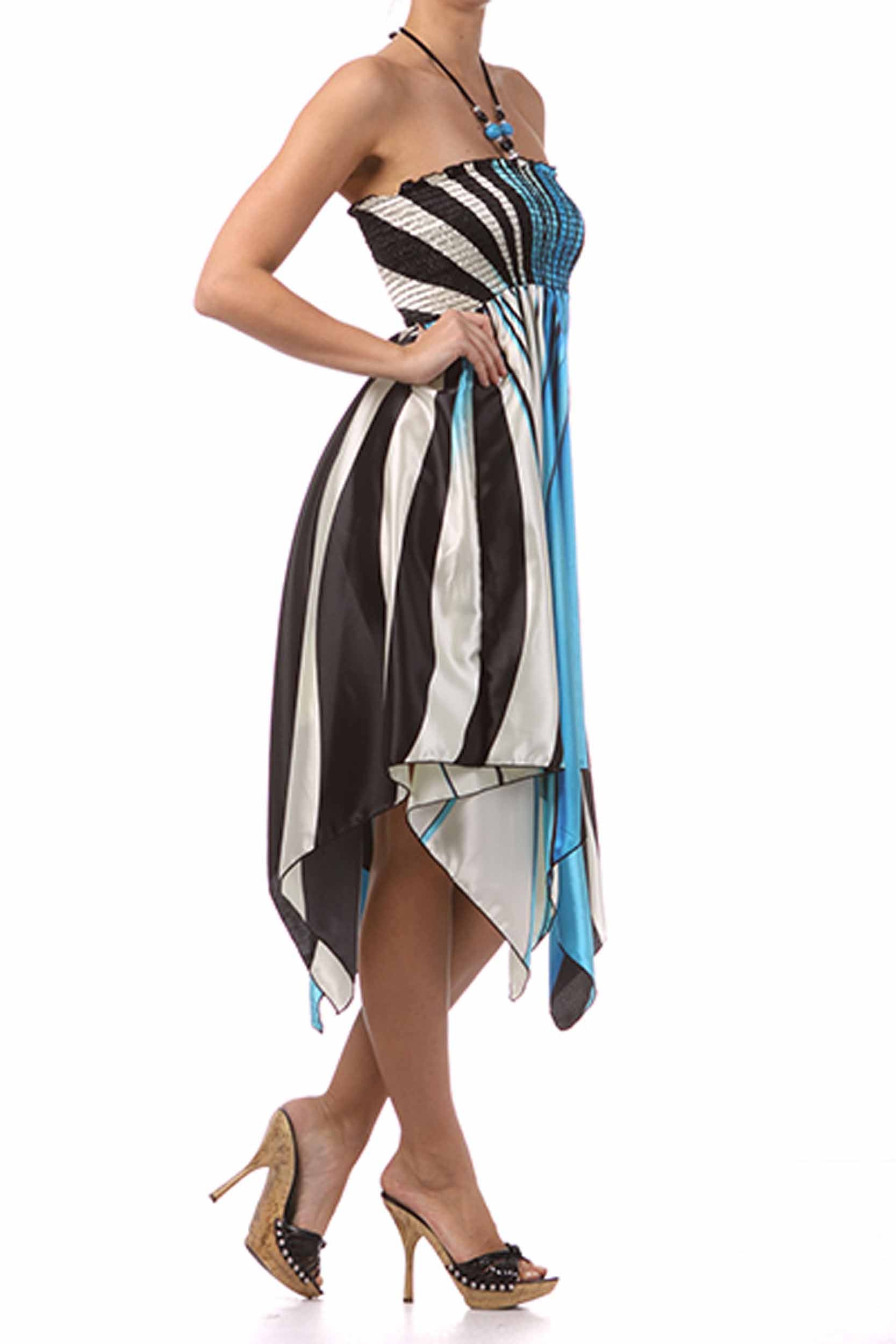 Swirl Design Satin Feel Beaded Halter Smocked Bodice Handkerchief Hem Dress - Concordia Style Boutique