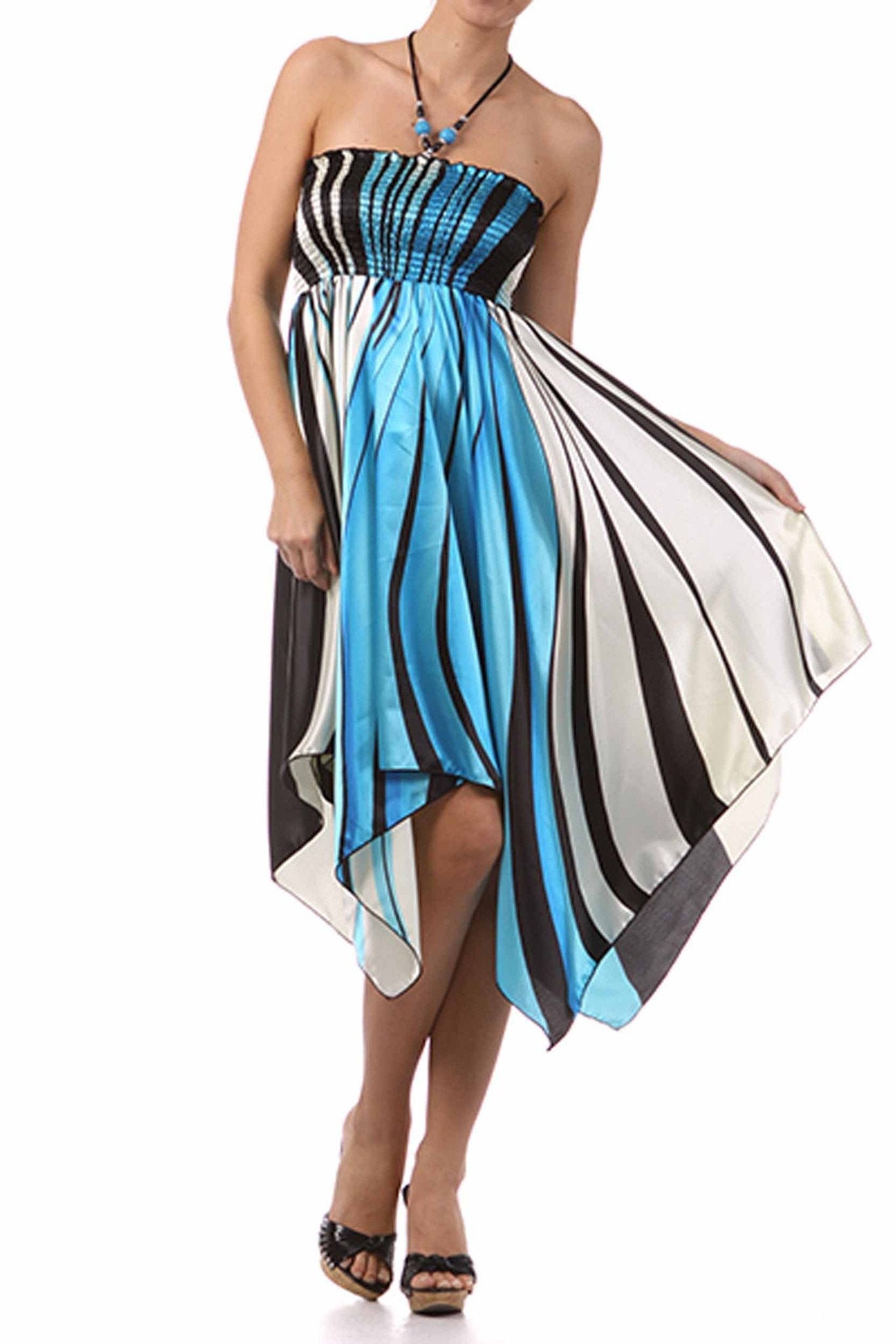 Swirl Design Satin Feel Beaded Halter Smocked Bodice Handkerchief Hem Dress - Concordia Style Boutique