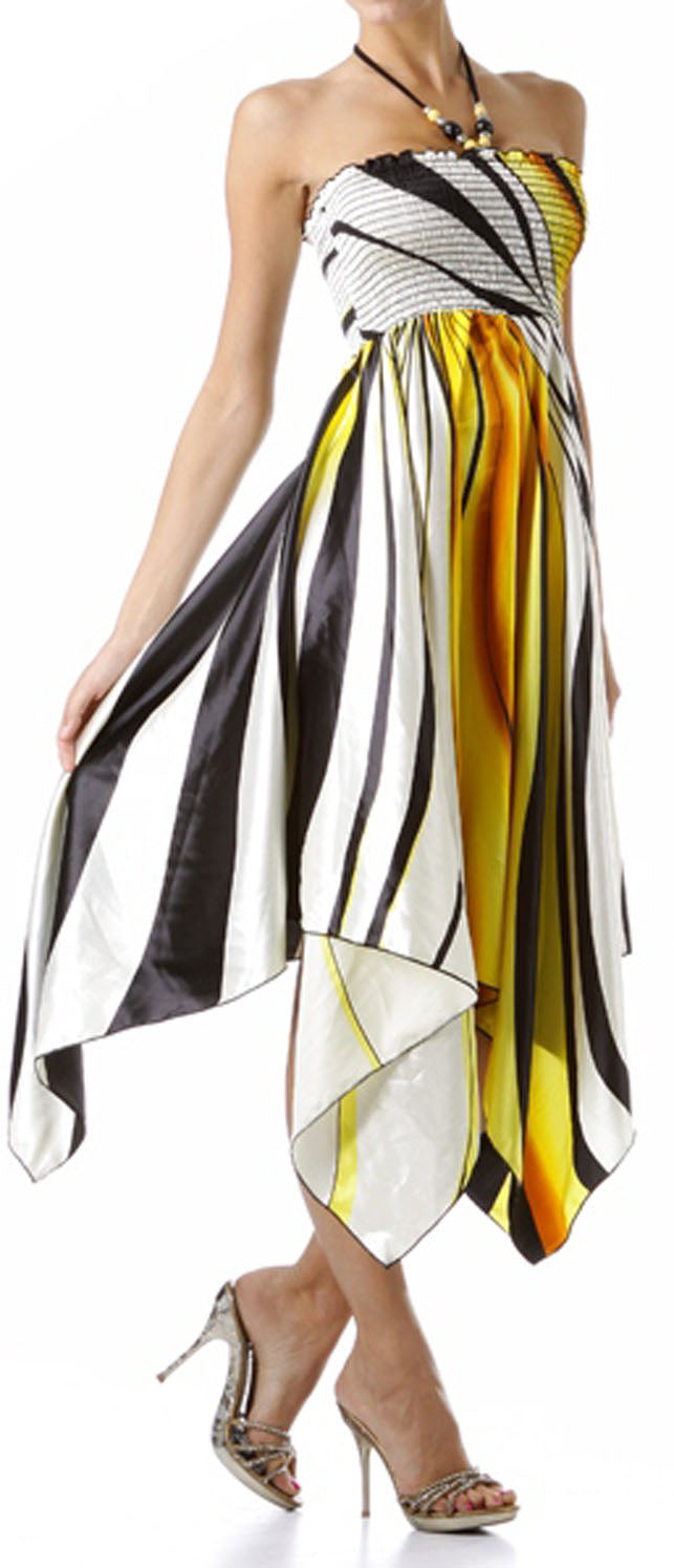 Swirl Design Satin Feel Beaded Halter Smocked Bodice Handkerchief Hem Dress - Concordia Style Boutique