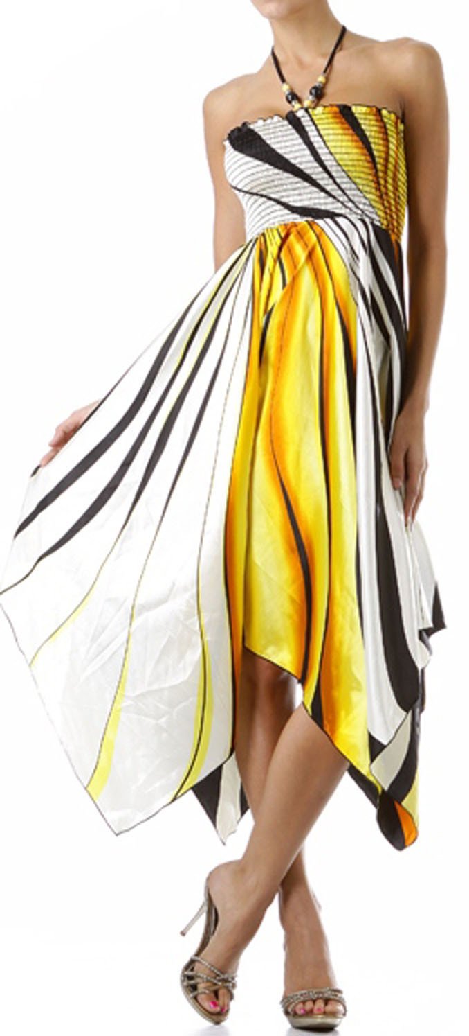 Swirl Design Satin Feel Beaded Halter Smocked Bodice Handkerchief Hem Dress - Concordia Style Boutique