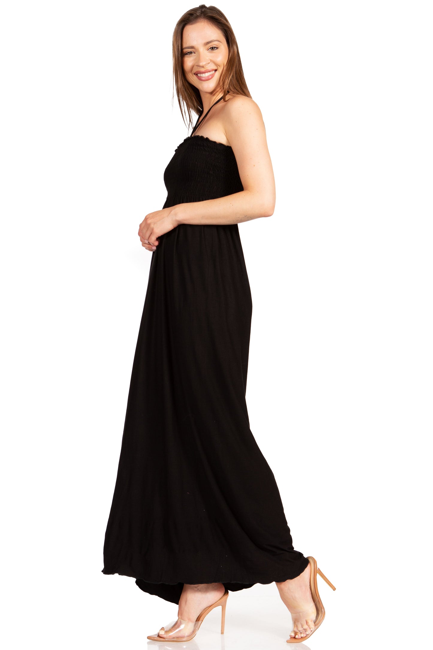 Sakkas Soft Jersey Feel Solid Color Smocked Bodice String Halter Long Dress - Concordia Style Boutique