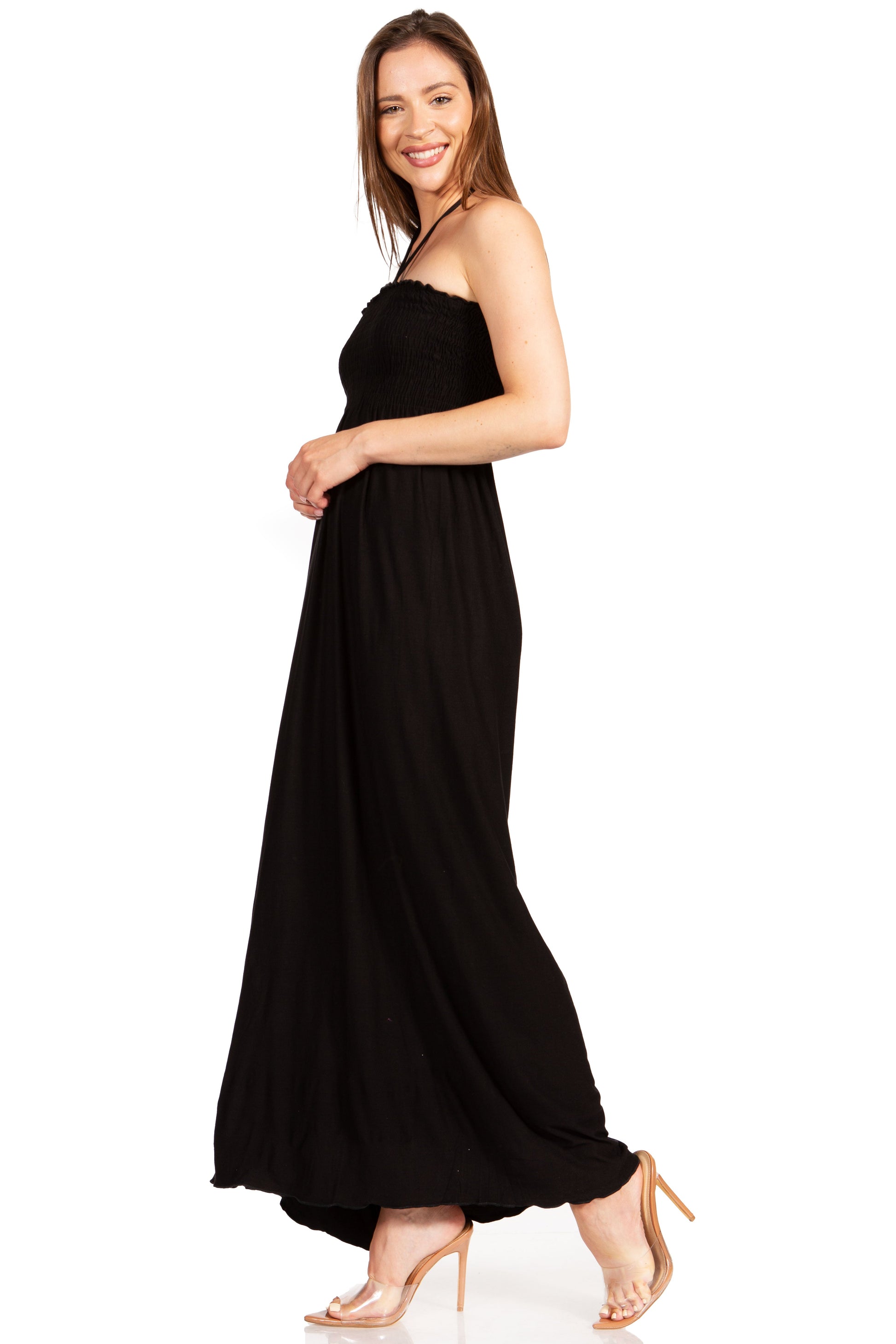 Sakkas Soft Jersey Feel Solid Color Smocked Bodice String Halter Long Dress - Concordia Style Boutique