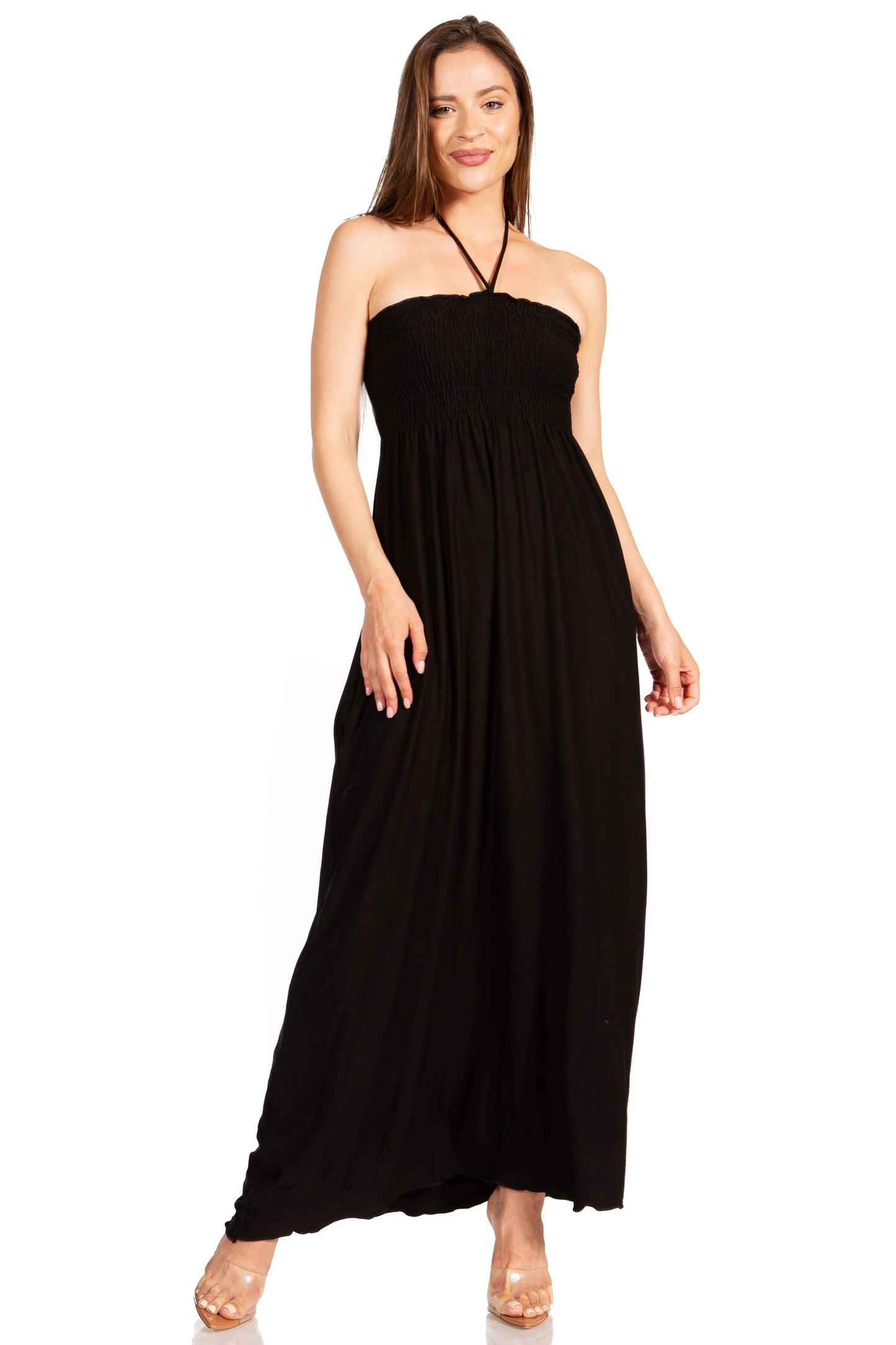 Sakkas Soft Jersey Feel Solid Color Smocked Bodice String Halter Long Dress - Concordia Style Boutique