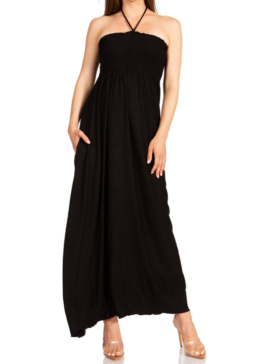 Sakkas Soft Jersey Feel Solid Color Smocked Bodice String Halter Long Dress - Concordia Style Boutique