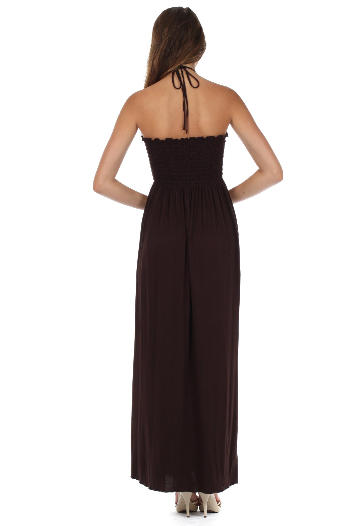 Sakkas Soft Jersey Feel Solid Color Smocked Bodice String Halter Long Dress - Concordia Style Boutique