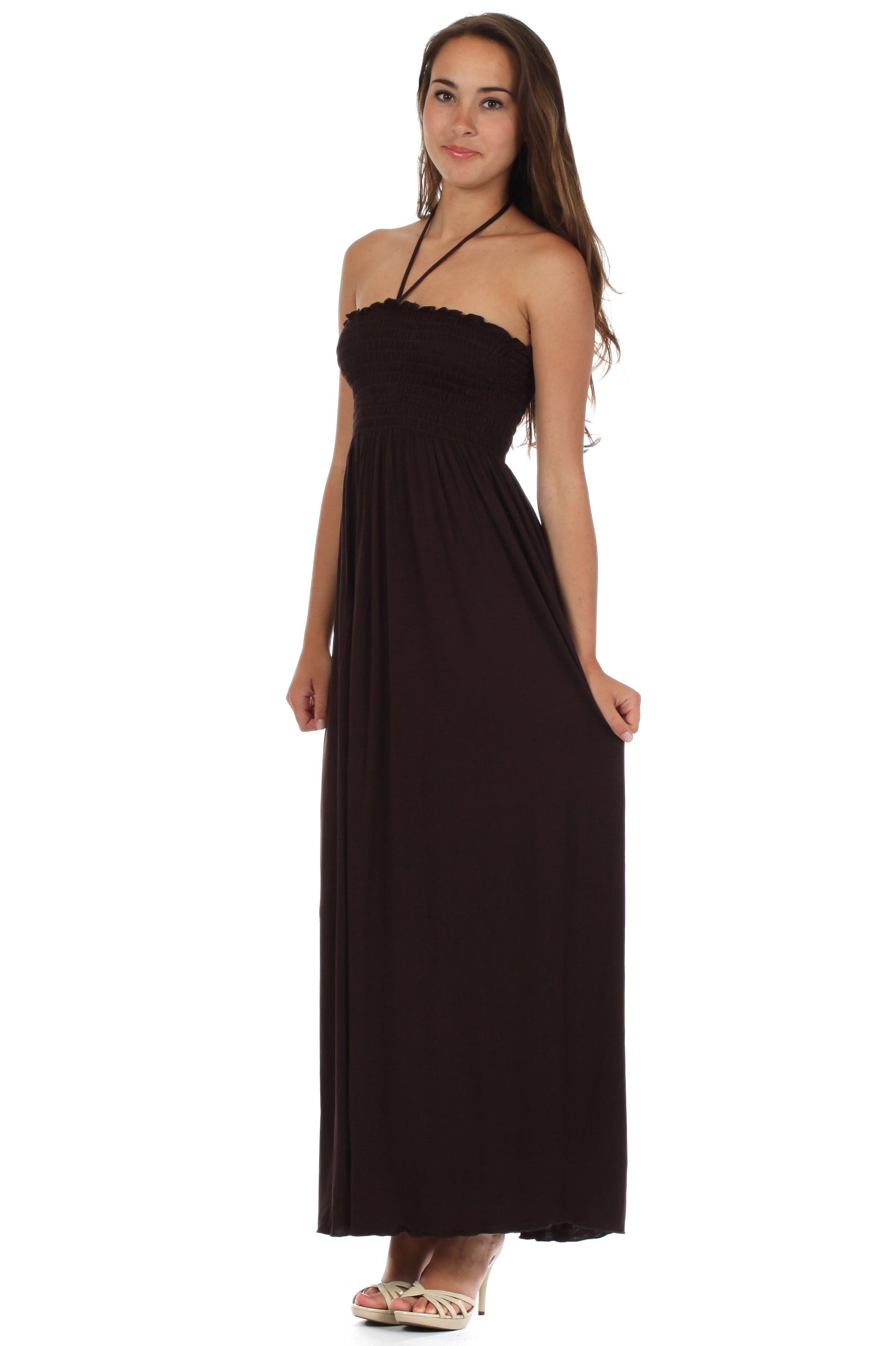 Sakkas Soft Jersey Feel Solid Color Smocked Bodice String Halter Long Dress - Concordia Style Boutique