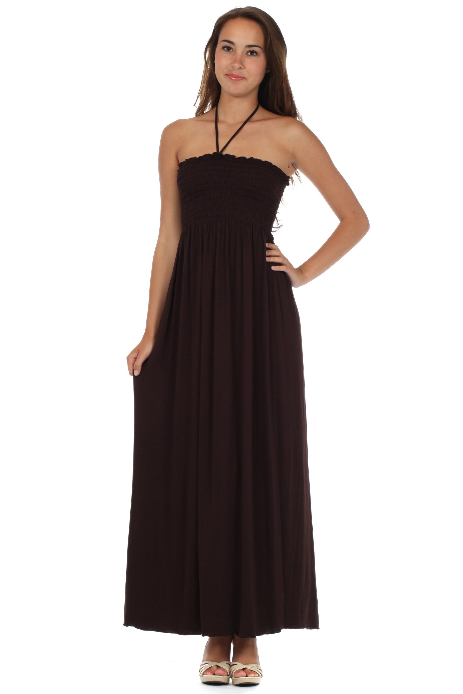 Sakkas Soft Jersey Feel Solid Color Smocked Bodice String Halter Long Dress - Concordia Style Boutique