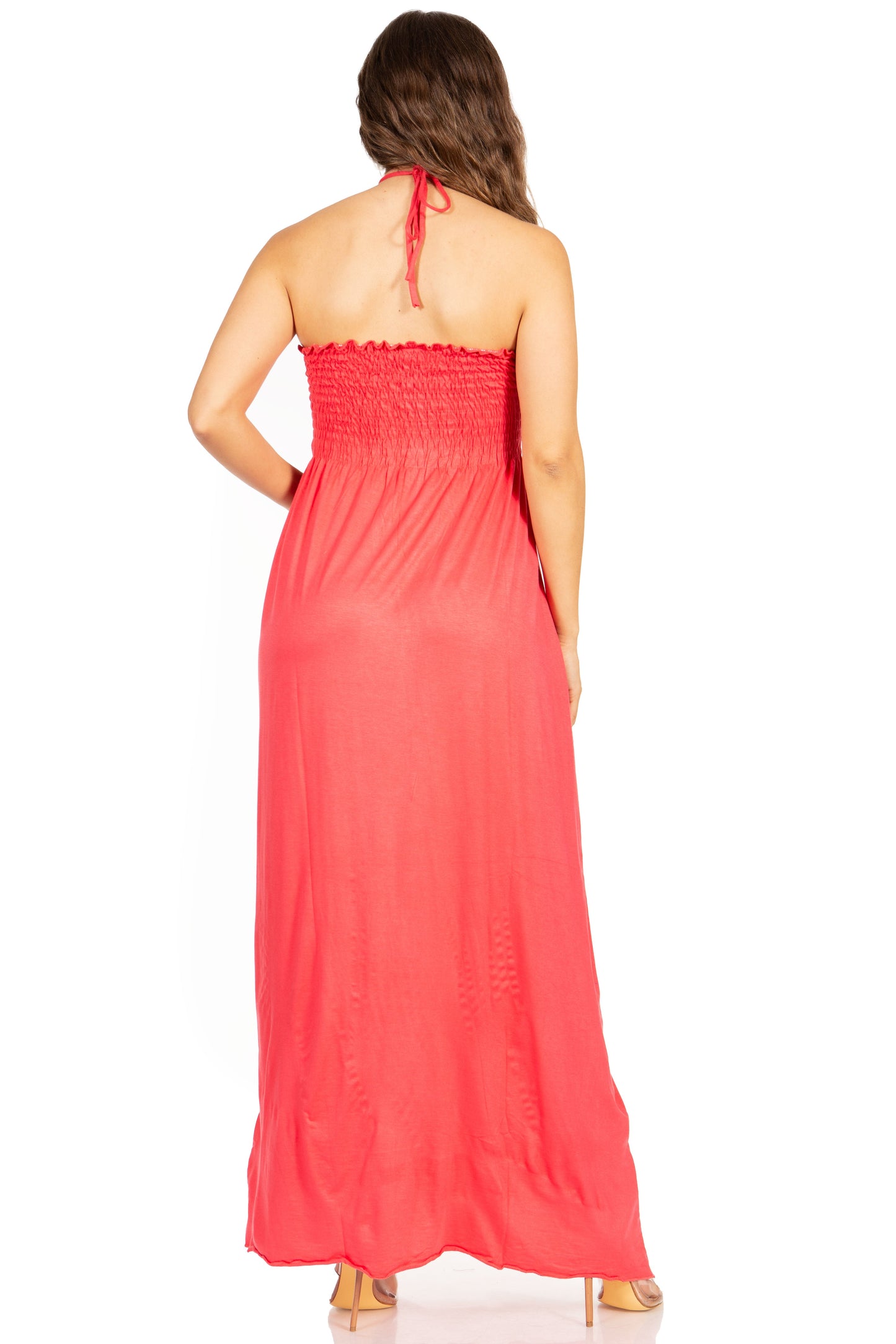 Sakkas Soft Jersey Feel Solid Color Smocked Bodice String Halter Long Dress - Concordia Style Boutique