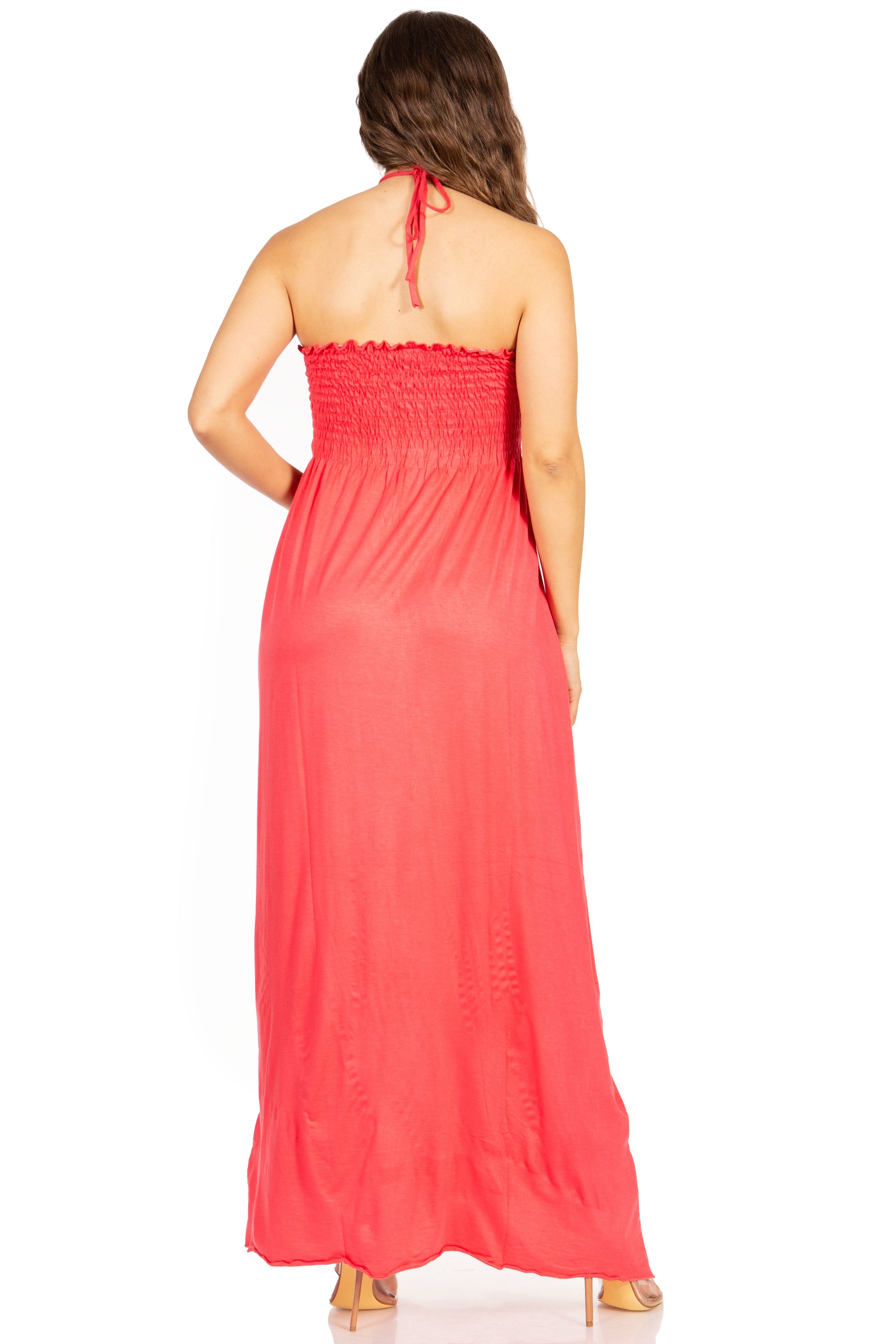 Sakkas Soft Jersey Feel Solid Color Smocked Bodice String Halter Long Dress - Concordia Style Boutique