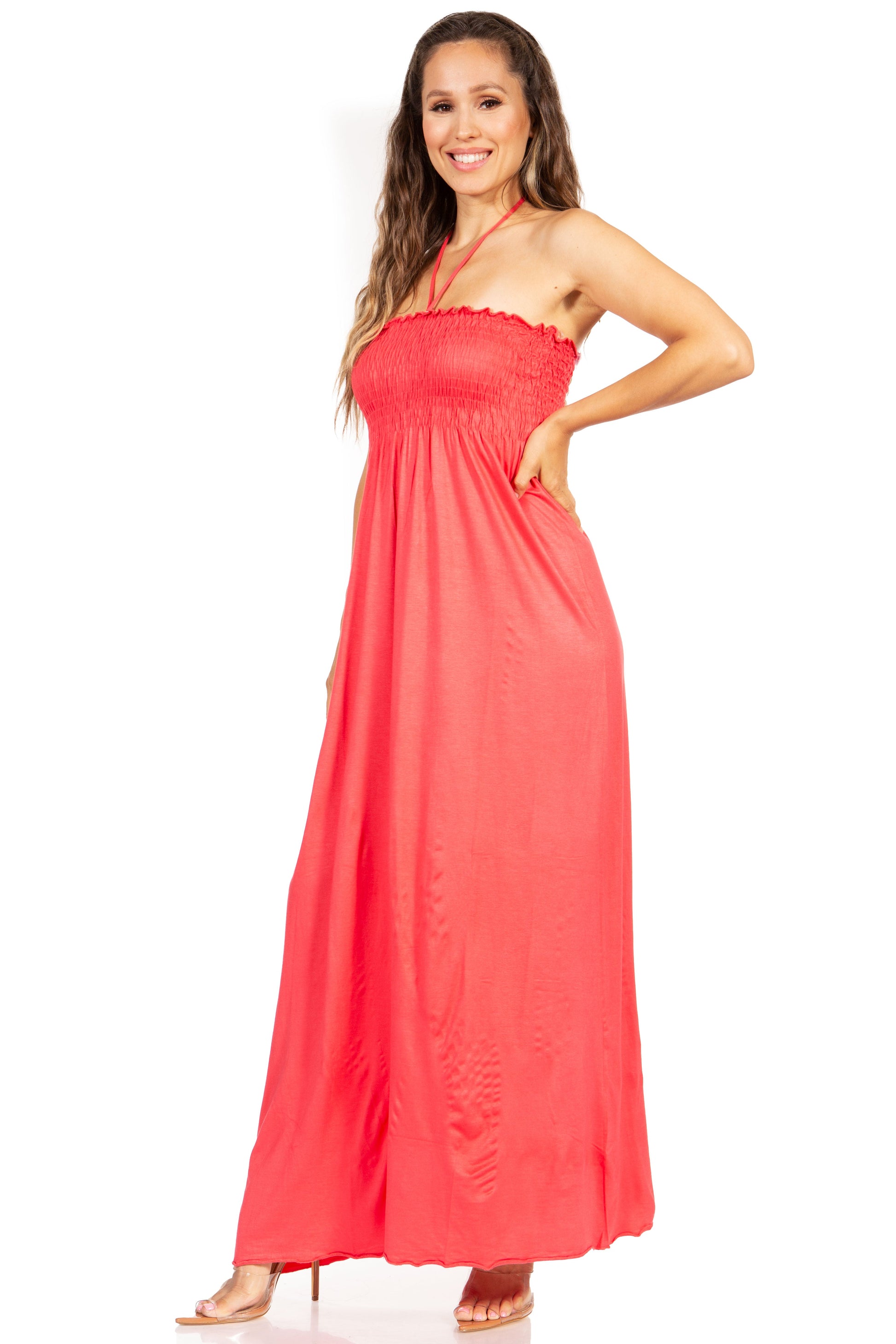Sakkas Soft Jersey Feel Solid Color Smocked Bodice String Halter Long Dress - Concordia Style Boutique