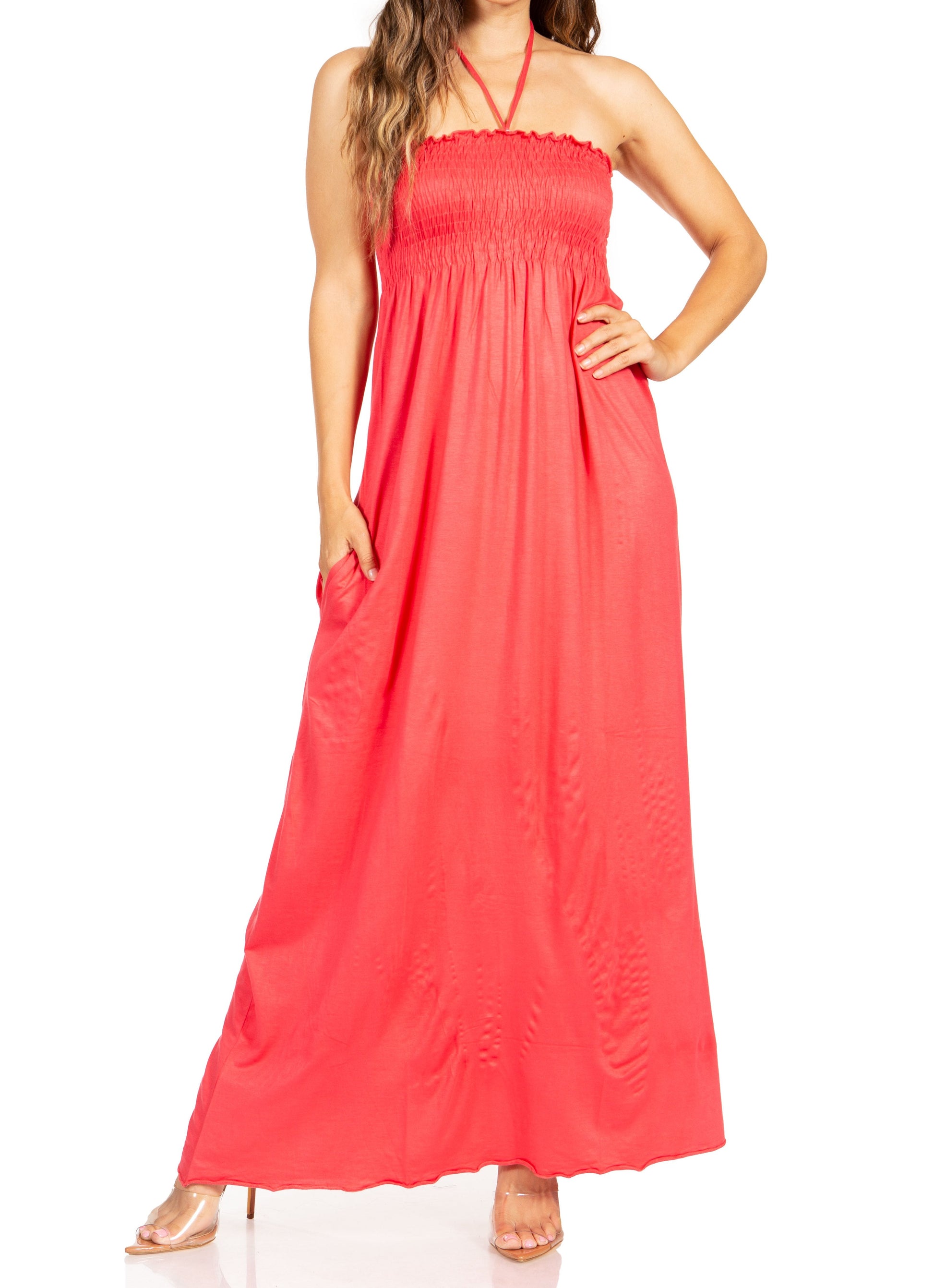 Sakkas Soft Jersey Feel Solid Color Smocked Bodice String Halter Long Dress - Concordia Style Boutique