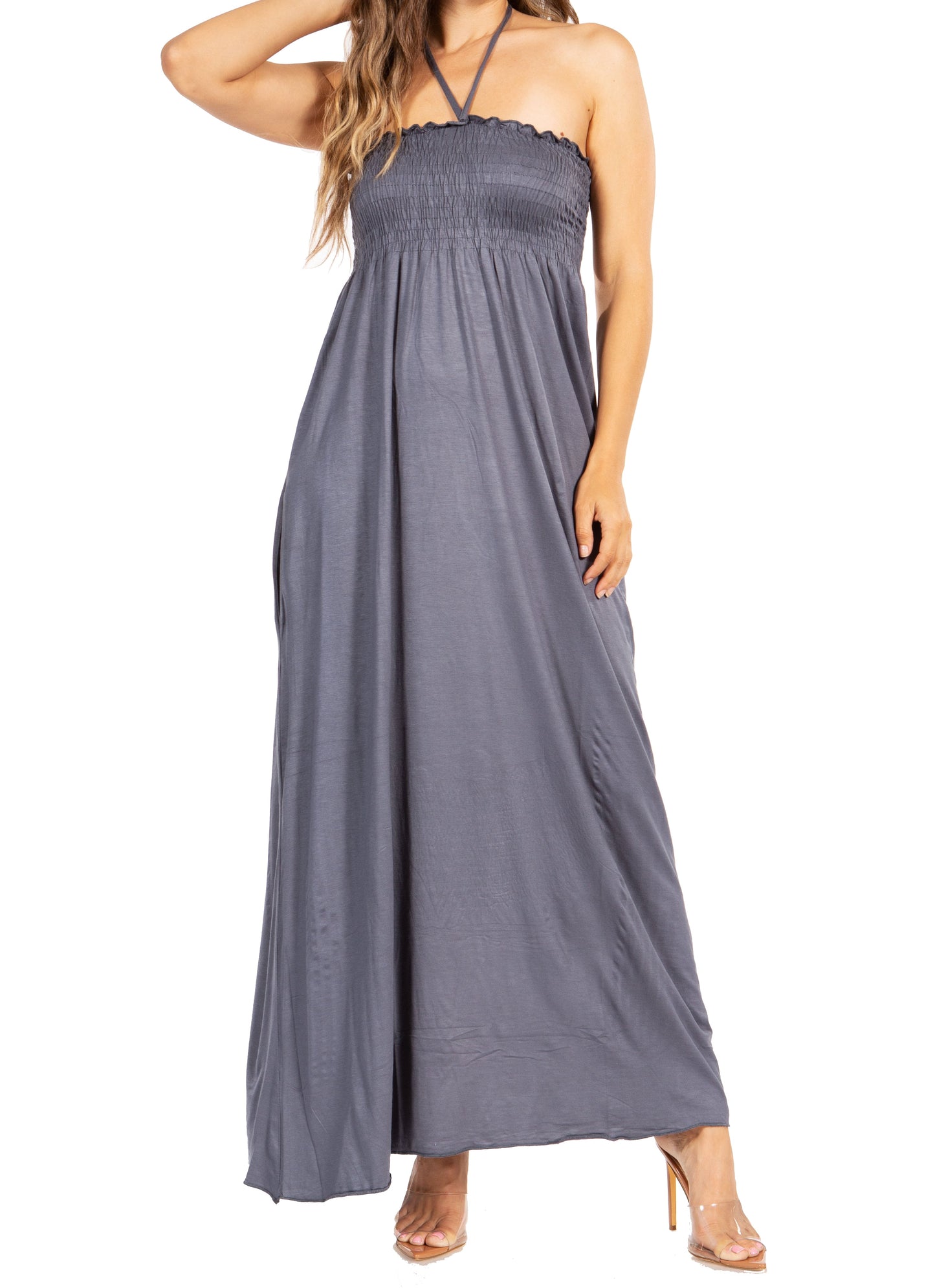 Sakkas Soft Jersey Feel Solid Color Smocked Bodice String Halter Long Dress - Concordia Style Boutique
