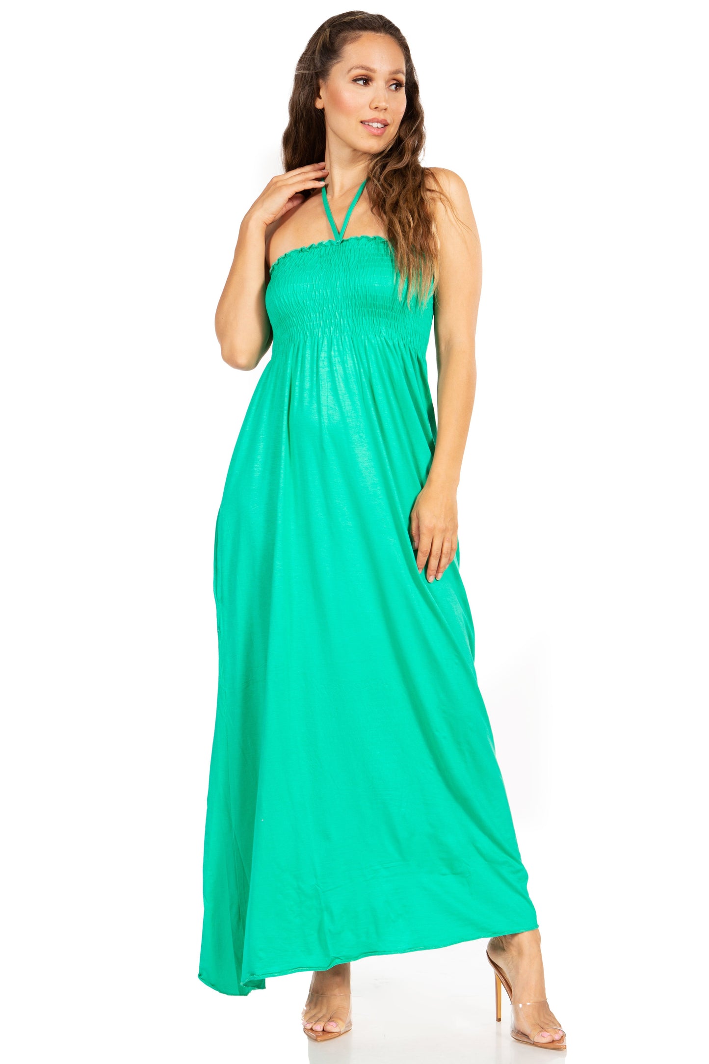 Sakkas Soft Jersey Feel Solid Color Smocked Bodice String Halter Long Dress - Concordia Style Boutique