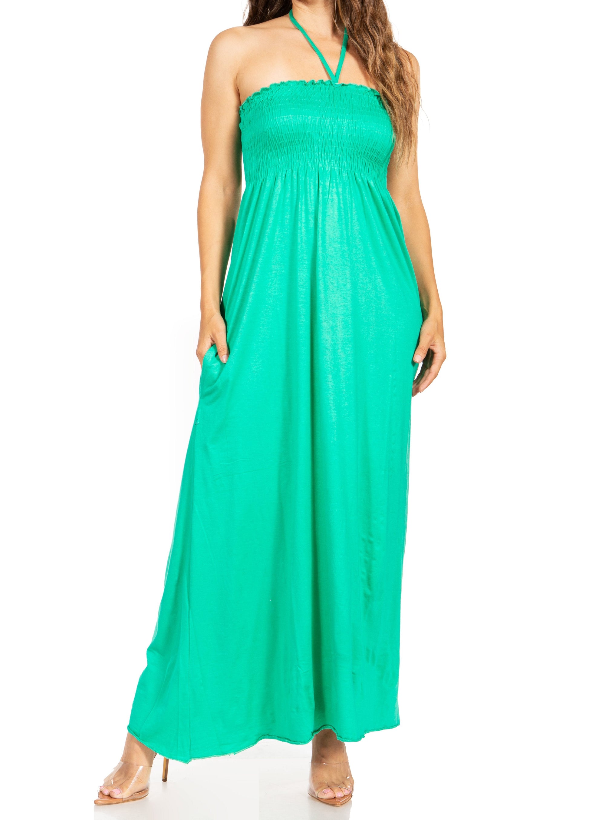 Sakkas Soft Jersey Feel Solid Color Smocked Bodice String Halter Long Dress - Concordia Style Boutique