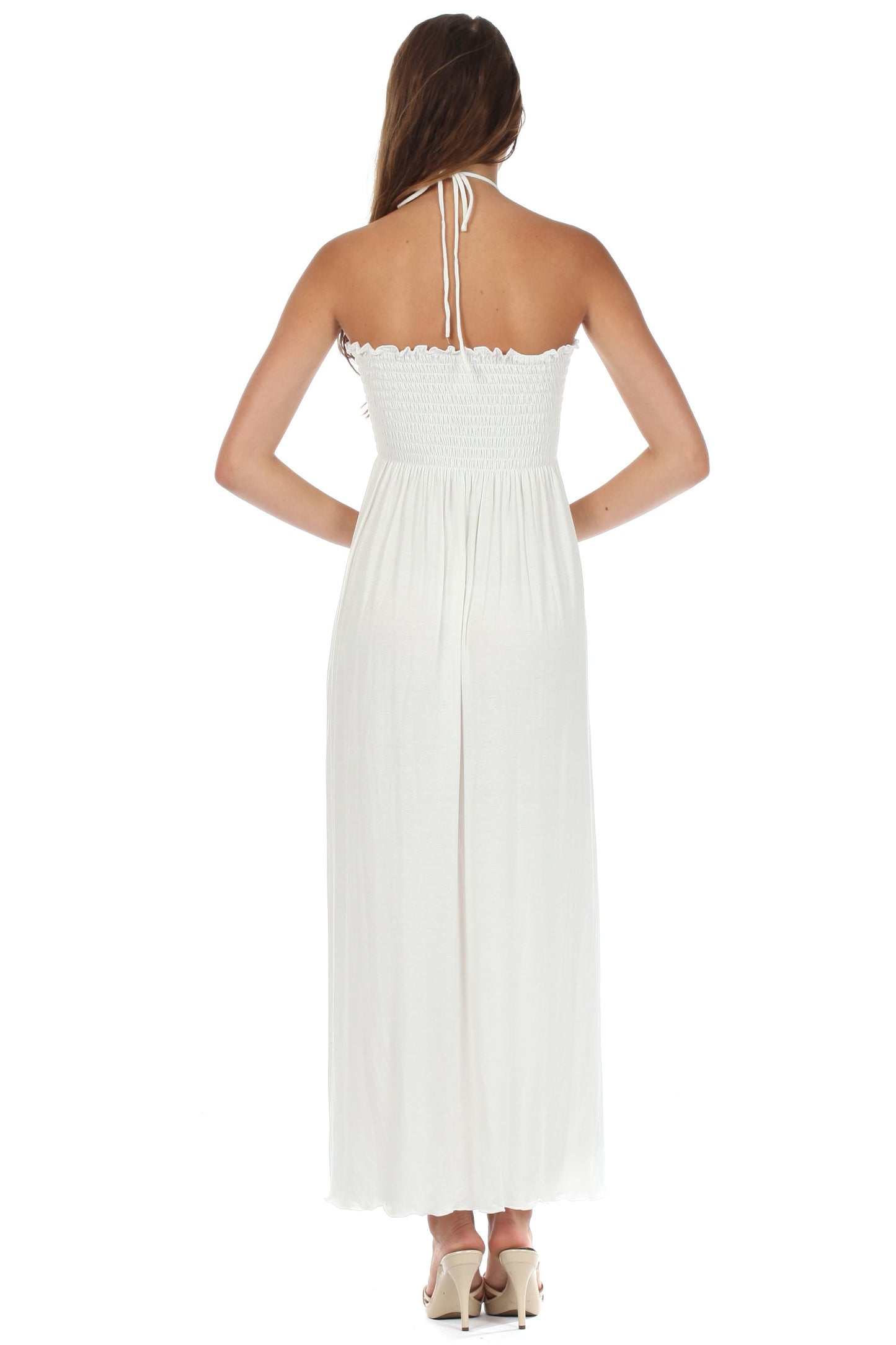 Sakkas Soft Jersey Feel Solid Color Smocked Bodice String Halter Long Dress - Concordia Style Boutique