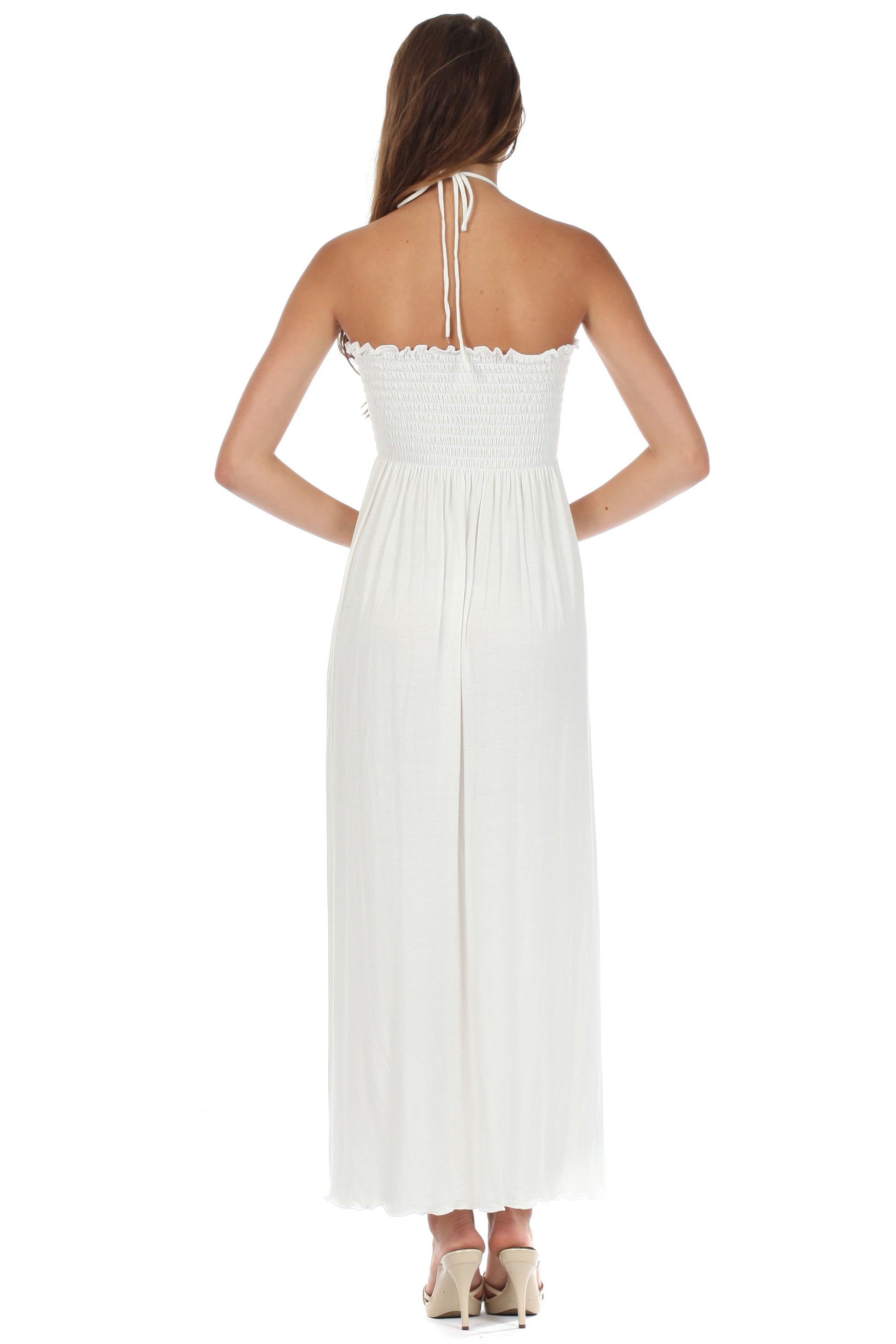 Sakkas Soft Jersey Feel Solid Color Smocked Bodice String Halter Long Dress - Concordia Style Boutique