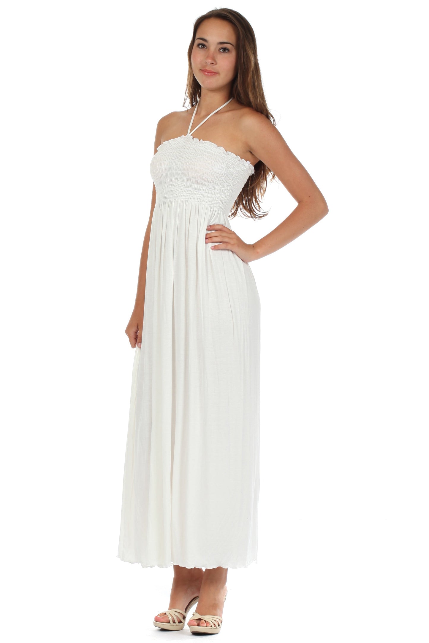 Sakkas Soft Jersey Feel Solid Color Smocked Bodice String Halter Long Dress - Concordia Style Boutique
