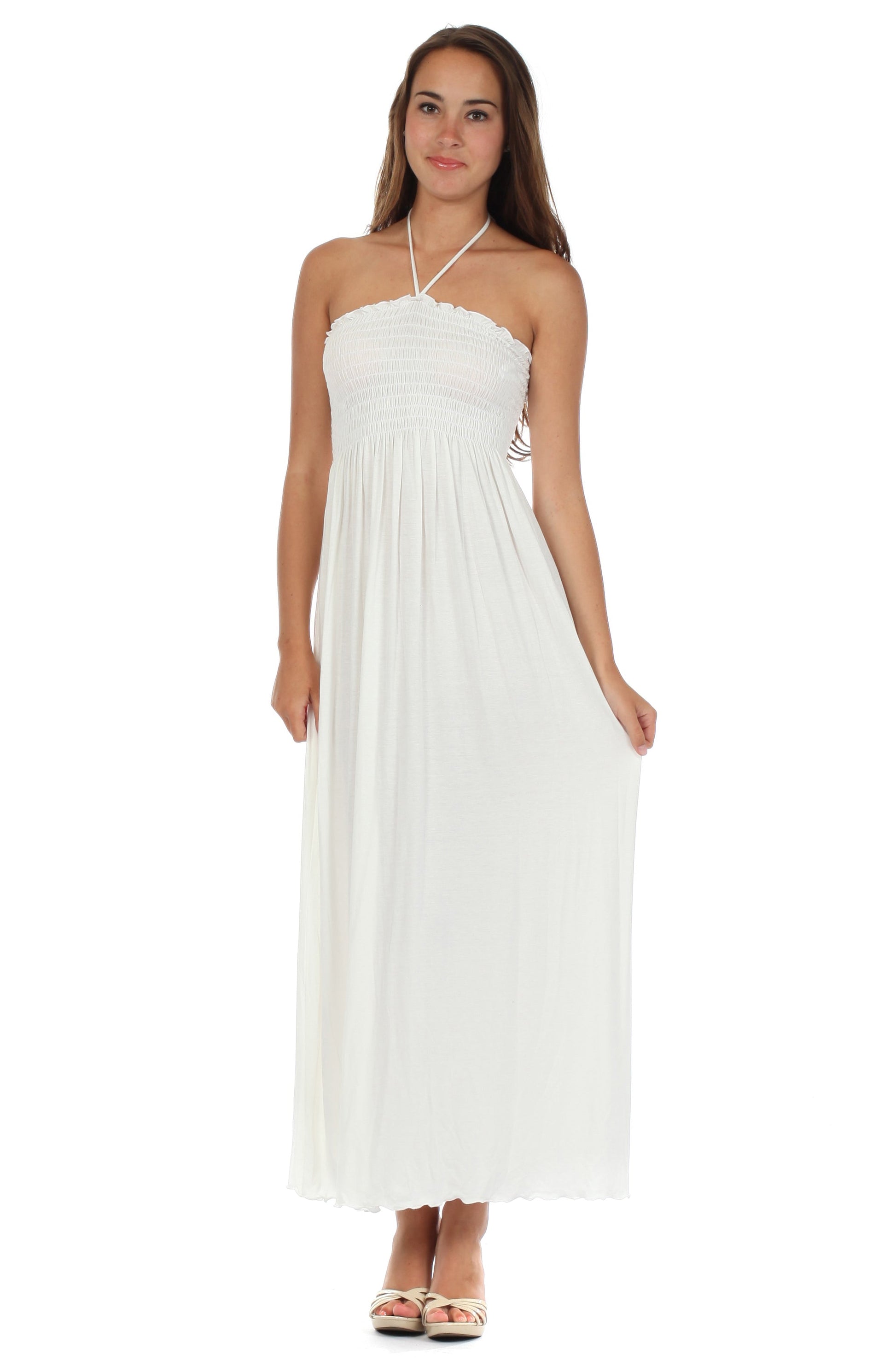 Sakkas Soft Jersey Feel Solid Color Smocked Bodice String Halter Long Dress - Concordia Style Boutique