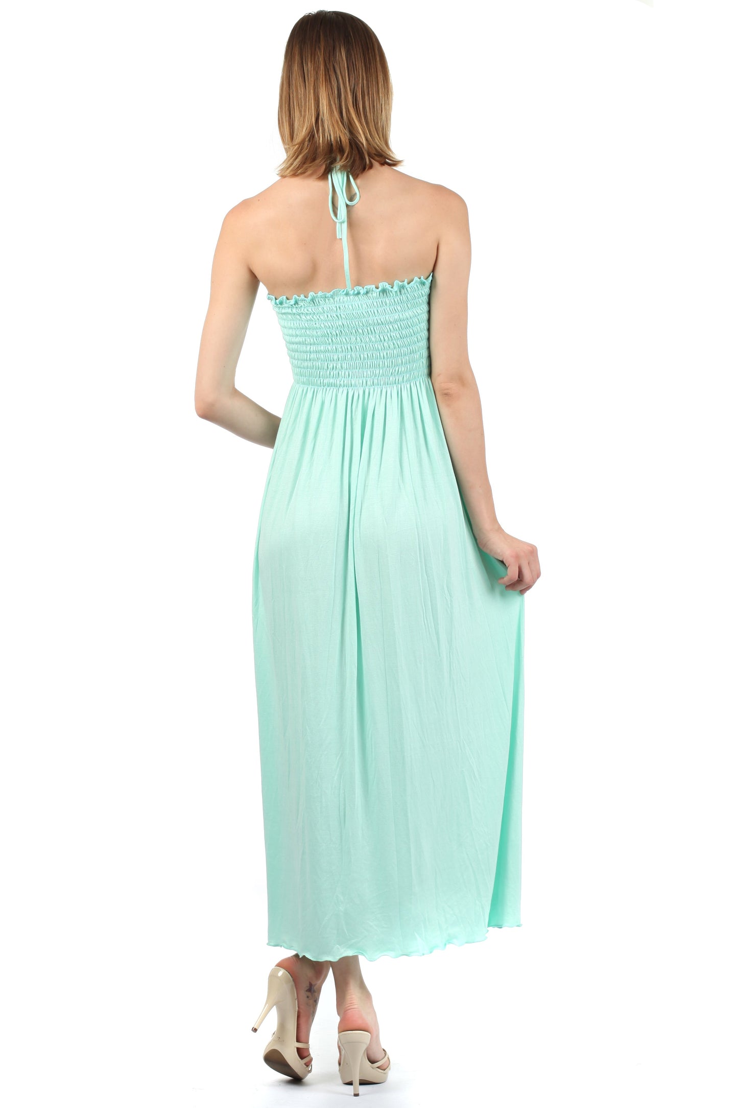 Sakkas Soft Jersey Feel Solid Color Smocked Bodice String Halter Long Dress - Concordia Style Boutique