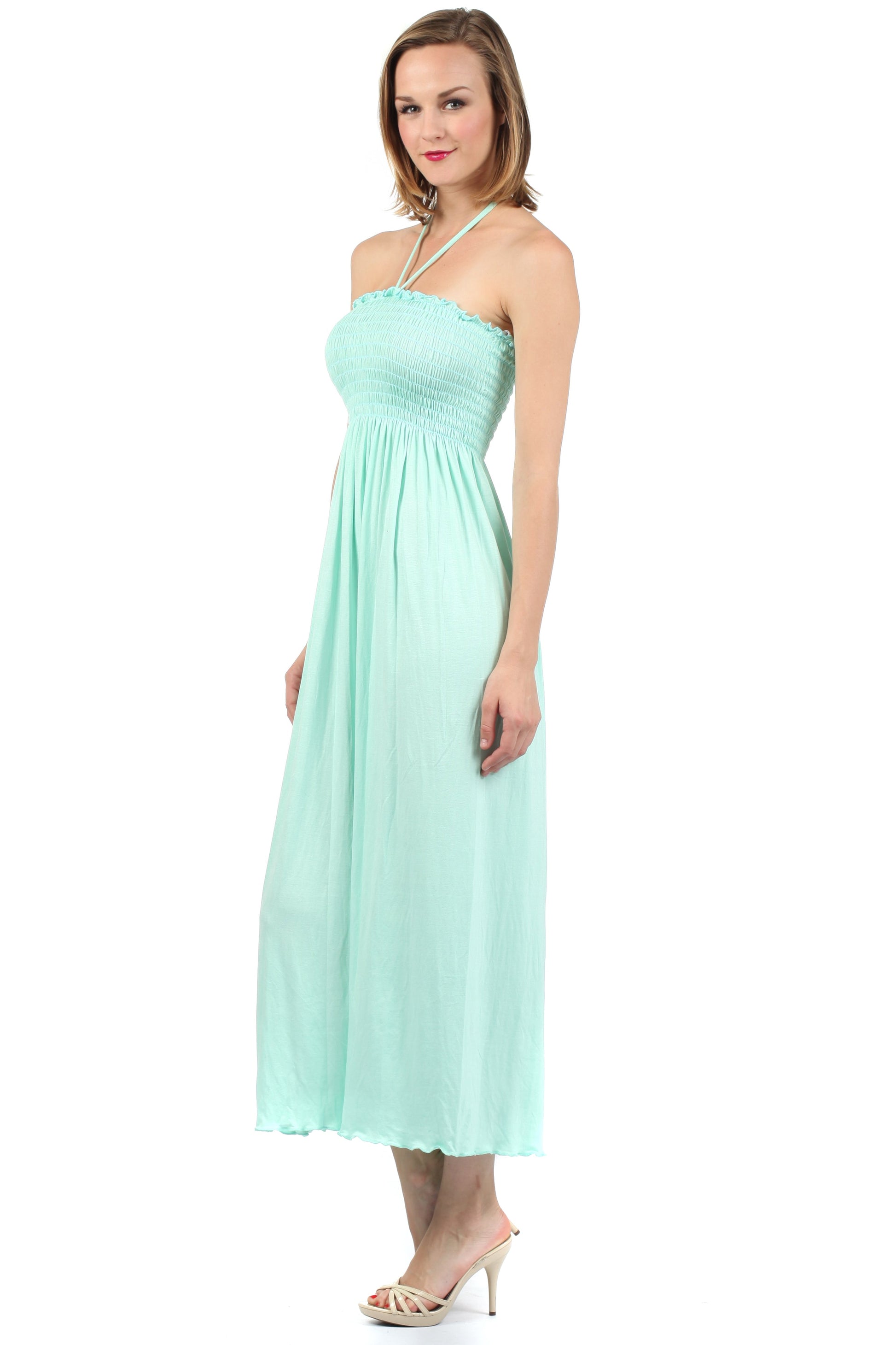 Sakkas Soft Jersey Feel Solid Color Smocked Bodice String Halter Long Dress - Concordia Style Boutique