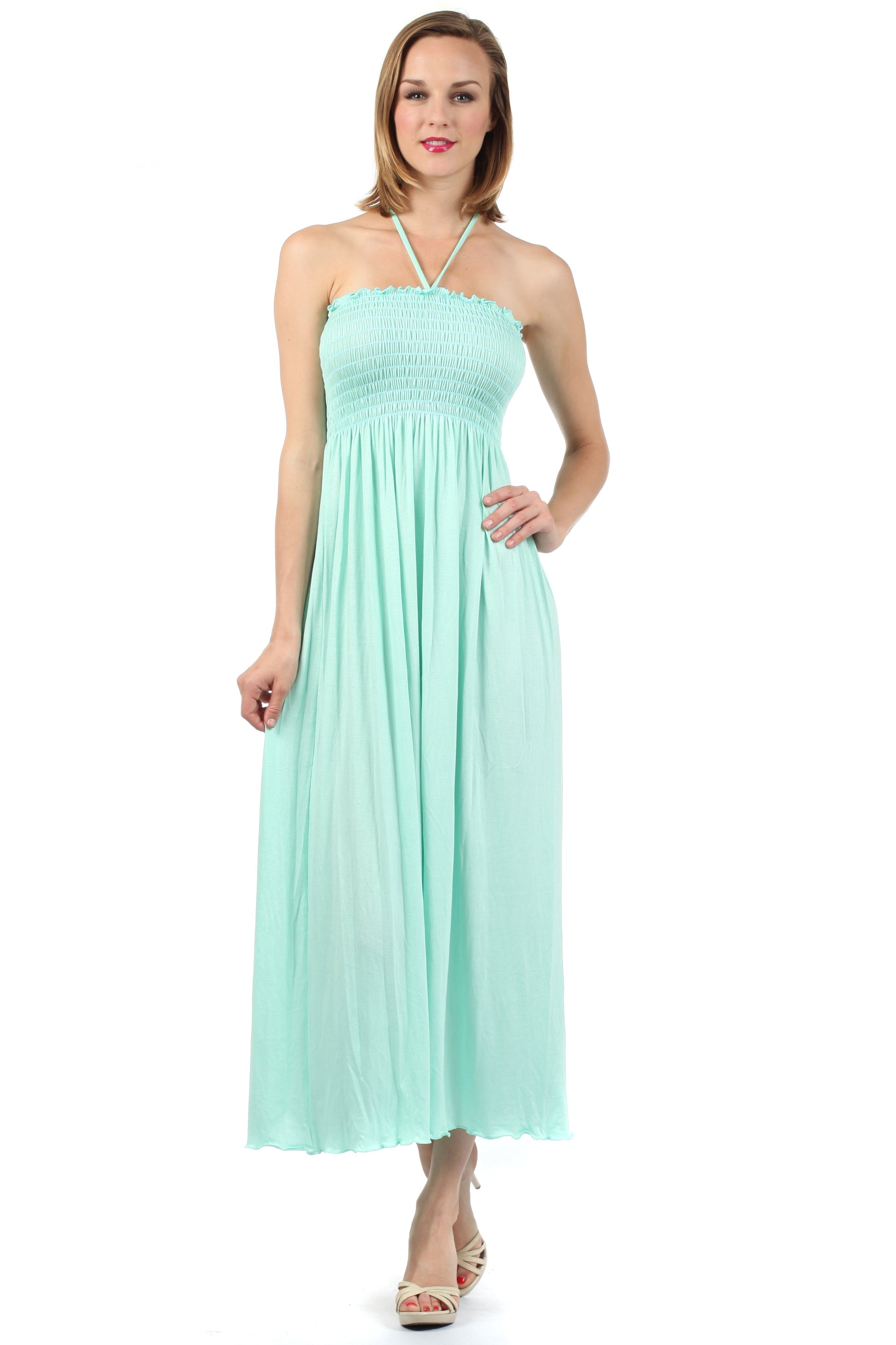 Sakkas Soft Jersey Feel Solid Color Smocked Bodice String Halter Long Dress - Concordia Style Boutique