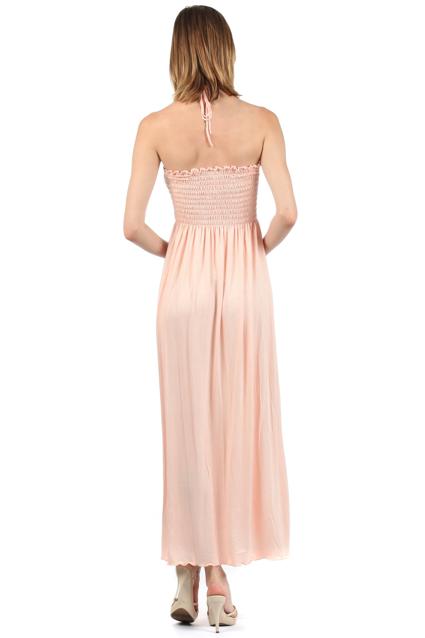 Sakkas Soft Jersey Feel Solid Color Smocked Bodice String Halter Long Dress - Concordia Style Boutique