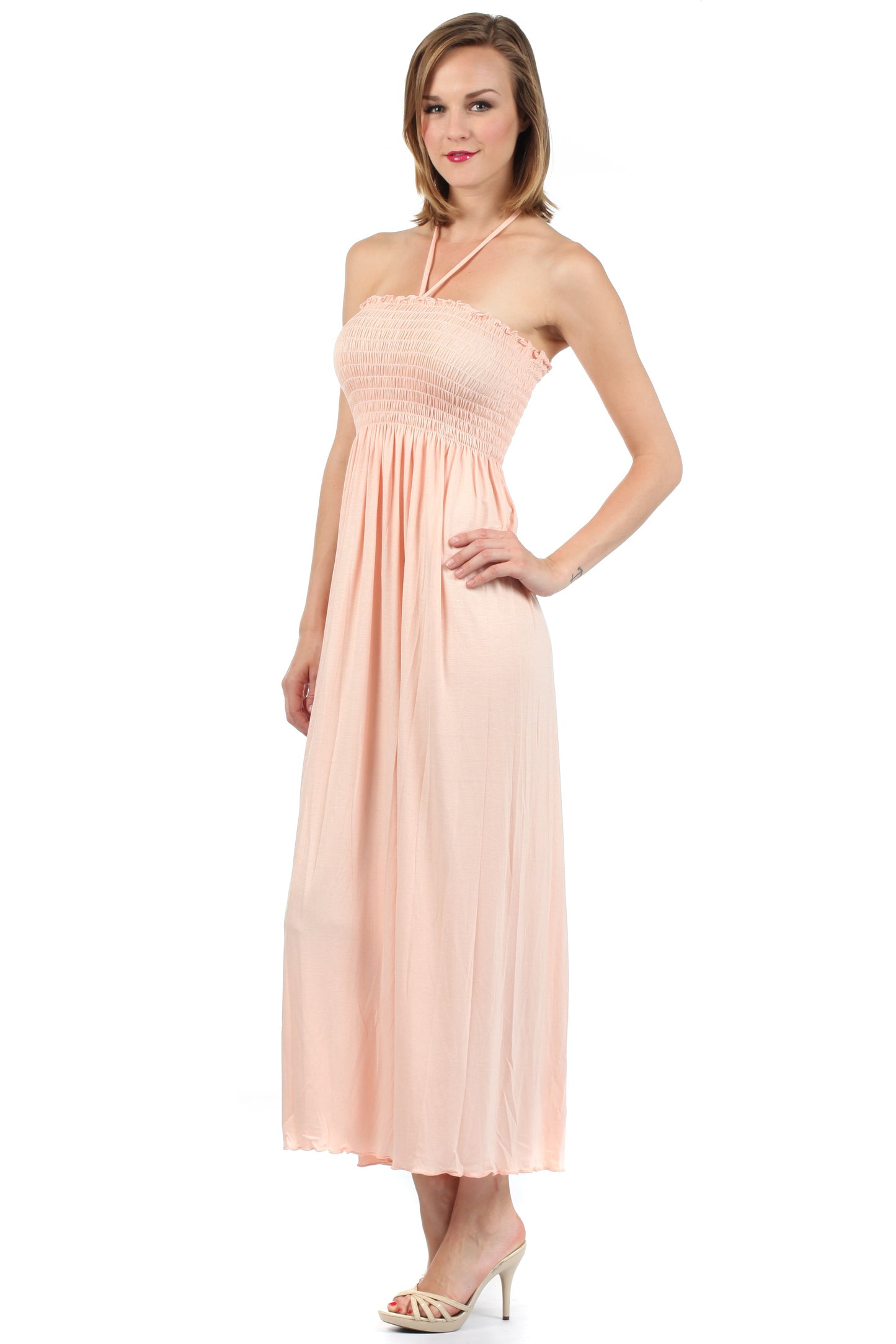 Sakkas Soft Jersey Feel Solid Color Smocked Bodice String Halter Long Dress - Concordia Style Boutique