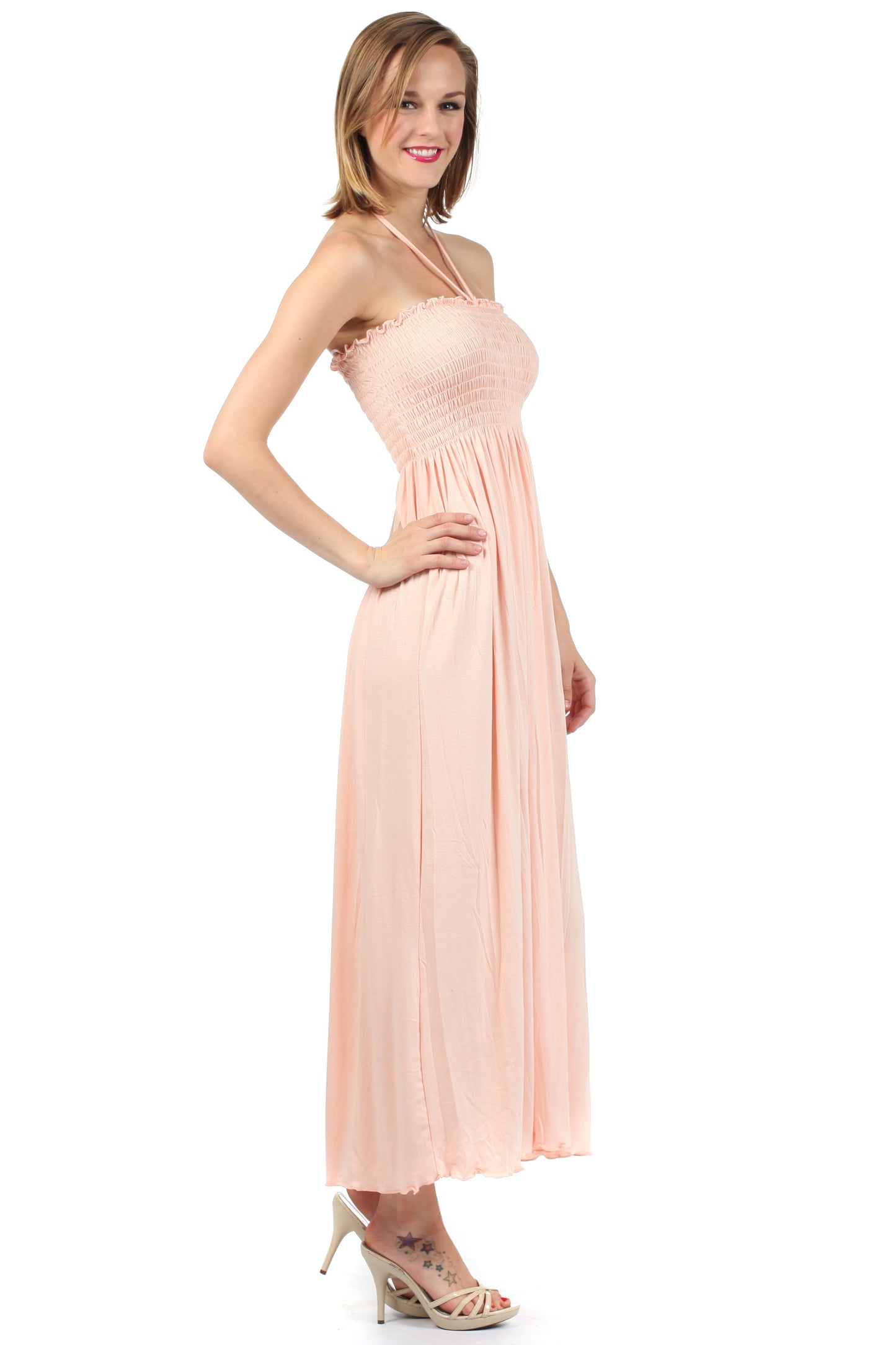 Sakkas Soft Jersey Feel Solid Color Smocked Bodice String Halter Long Dress - Concordia Style Boutique