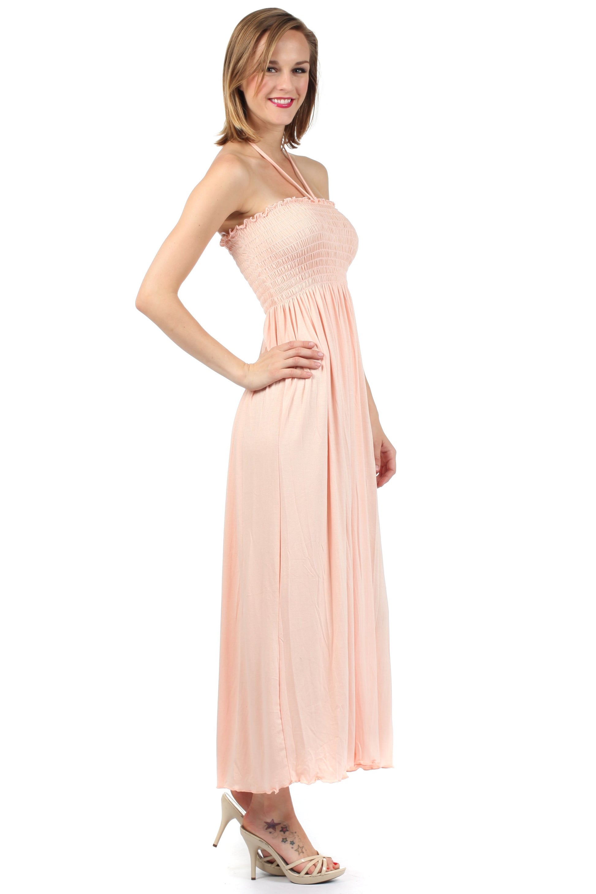 Sakkas Soft Jersey Feel Solid Color Smocked Bodice String Halter Long Dress - Concordia Style Boutique