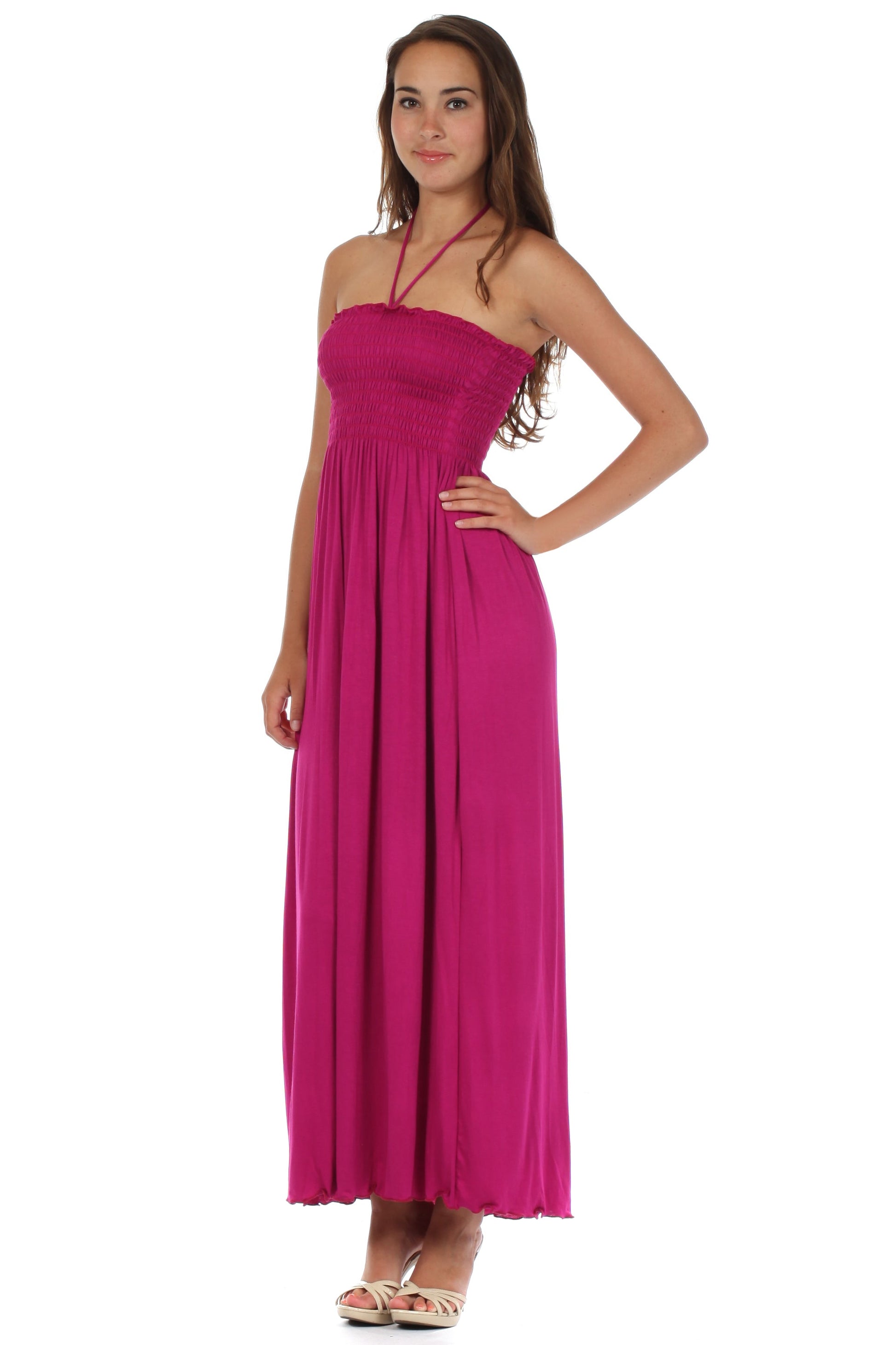 Sakkas Soft Jersey Feel Solid Color Smocked Bodice String Halter Long Dress - Concordia Style Boutique