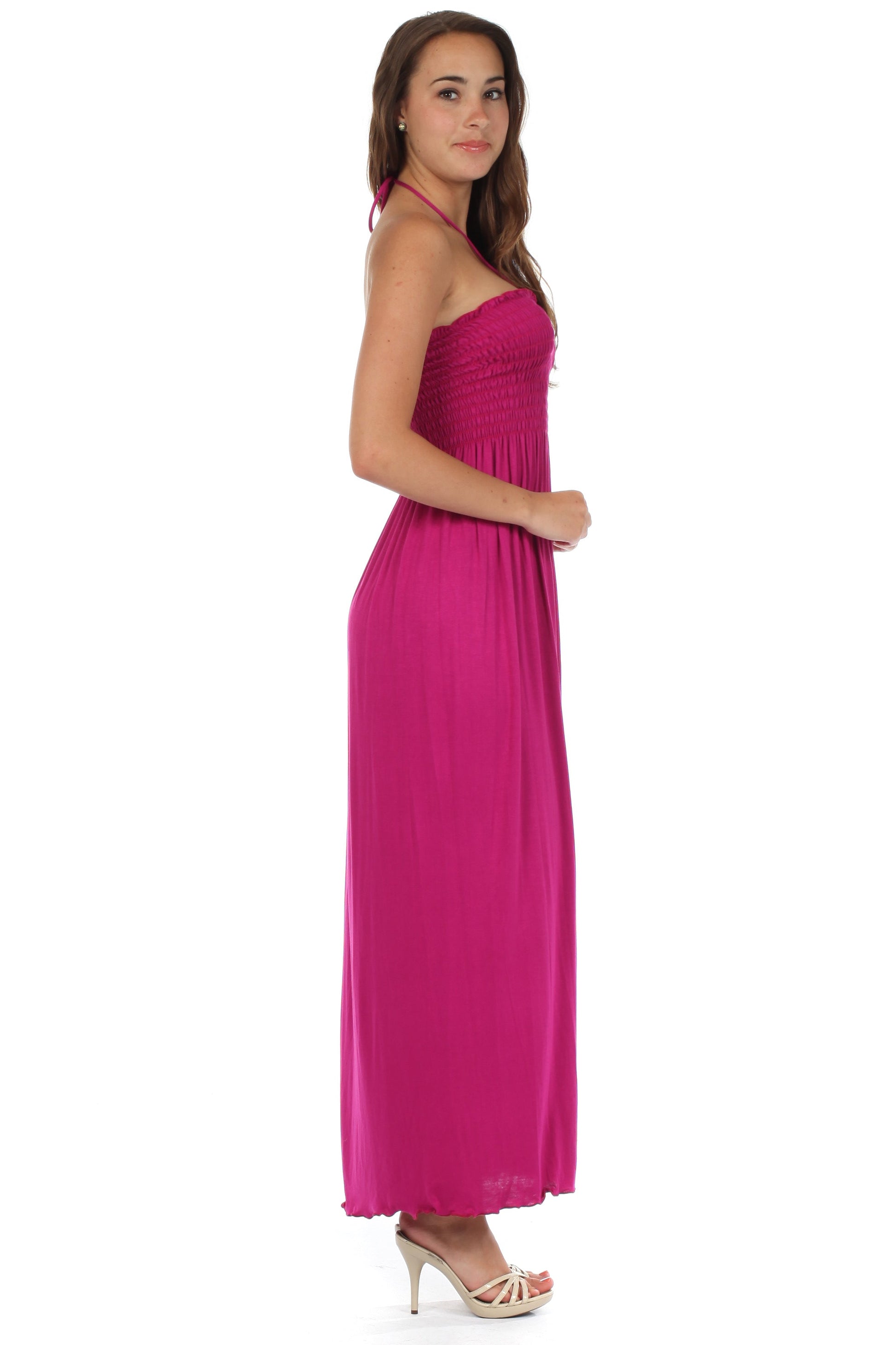 Sakkas Soft Jersey Feel Solid Color Smocked Bodice String Halter Long Dress - Concordia Style Boutique