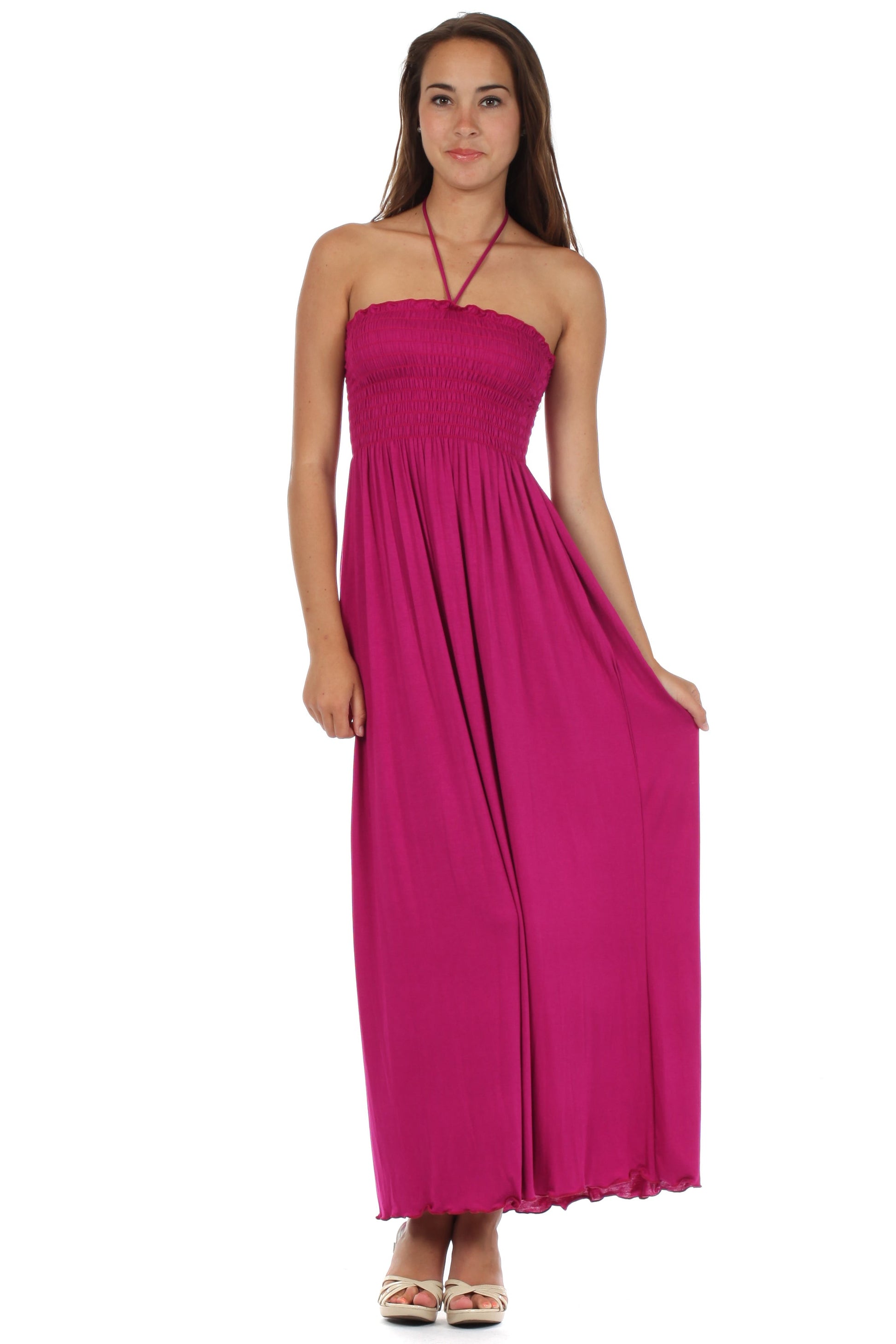 Sakkas Soft Jersey Feel Solid Color Smocked Bodice String Halter Long Dress - Concordia Style Boutique