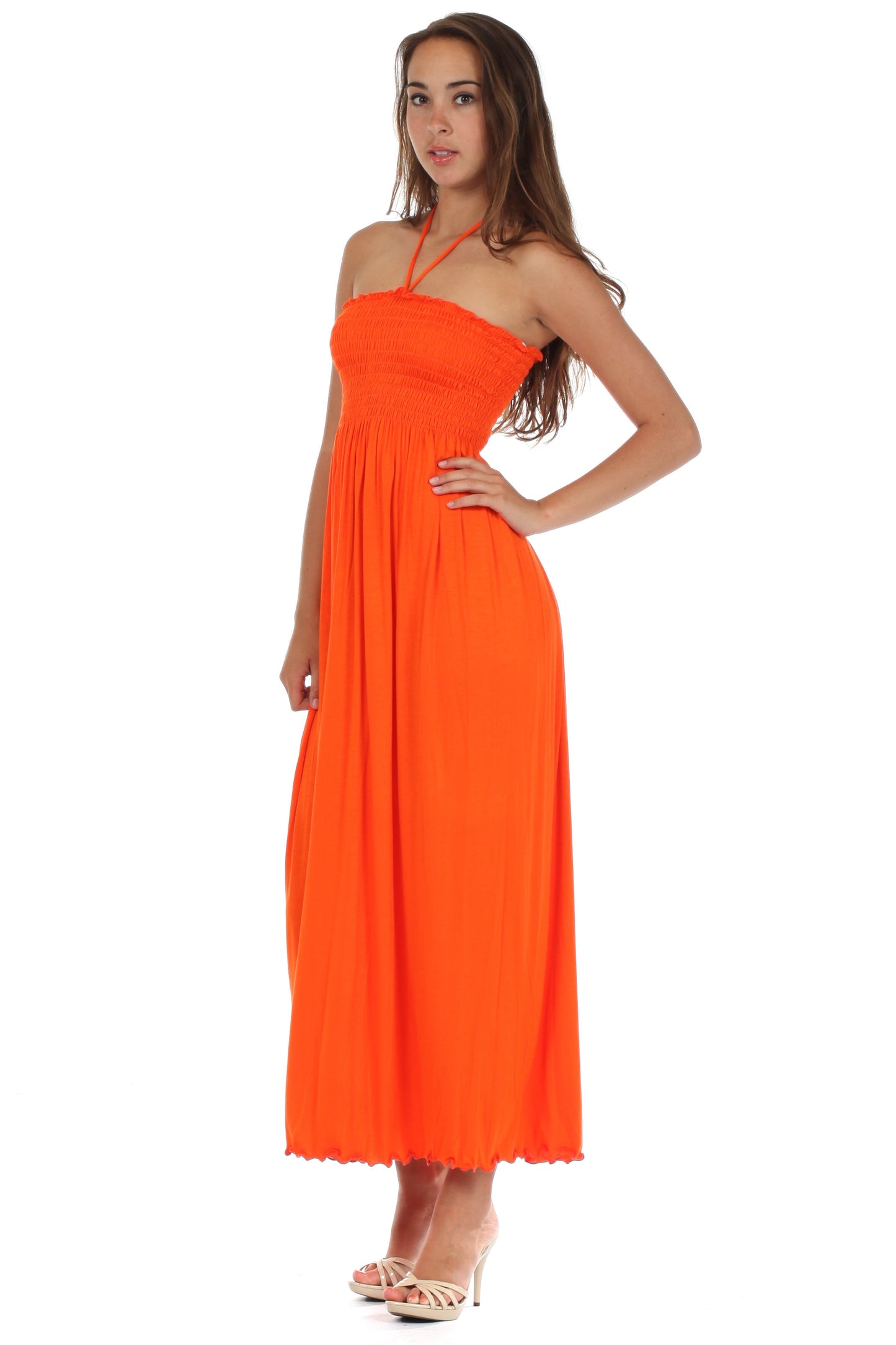 Sakkas Soft Jersey Feel Solid Color Smocked Bodice String Halter Long Dress - Concordia Style Boutique