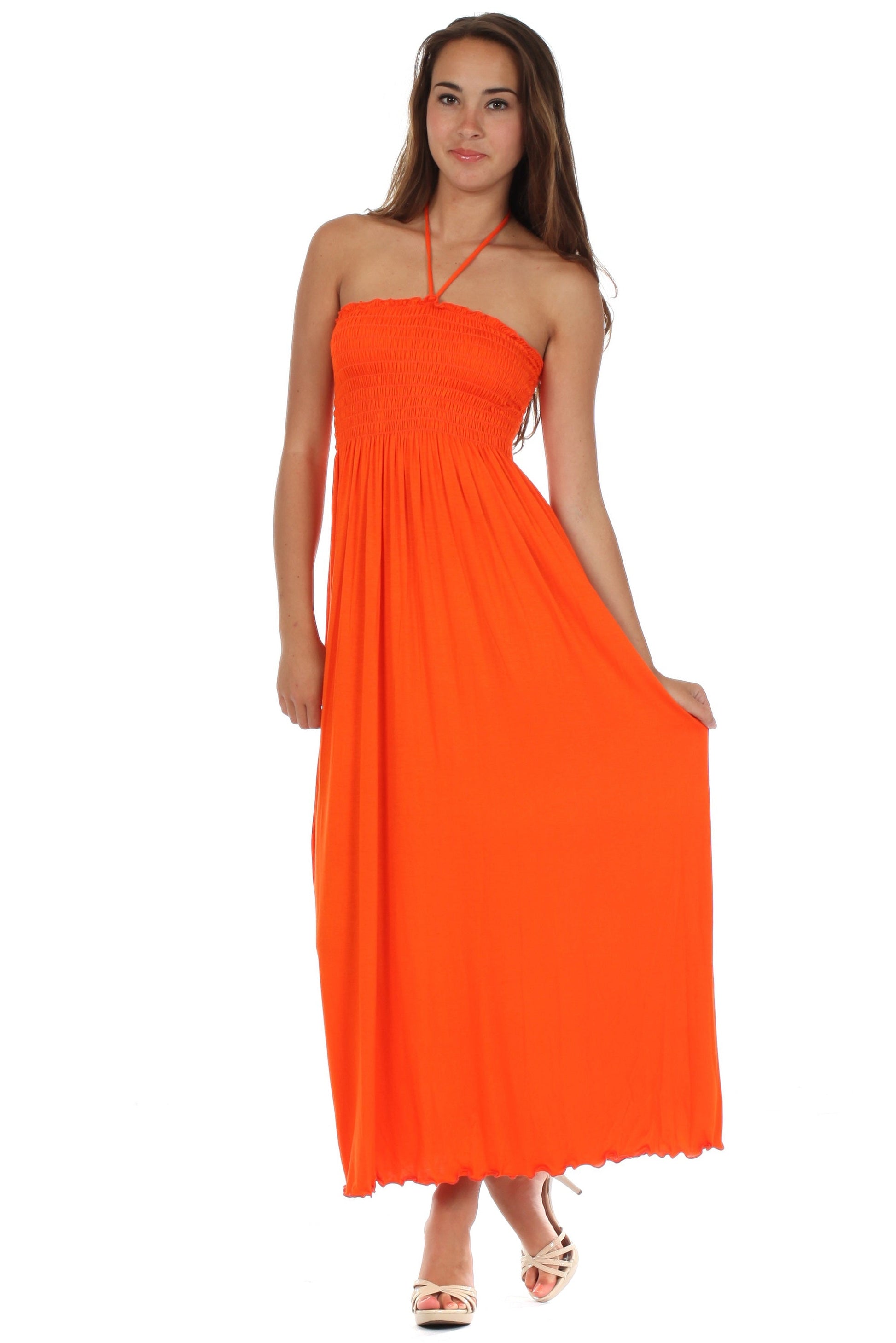Sakkas Soft Jersey Feel Solid Color Smocked Bodice String Halter Long Dress - Concordia Style Boutique