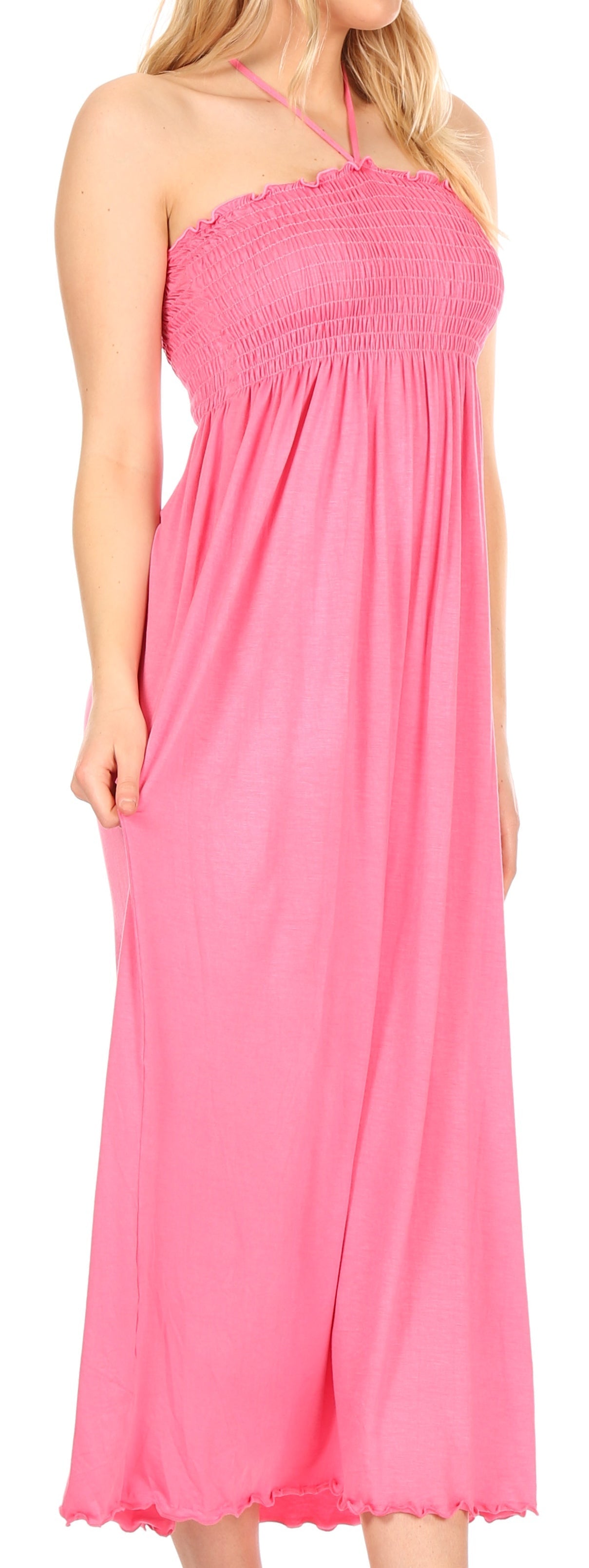 Sakkas Soft Jersey Feel Solid Color Smocked Bodice String Halter Long Dress - Concordia Style Boutique