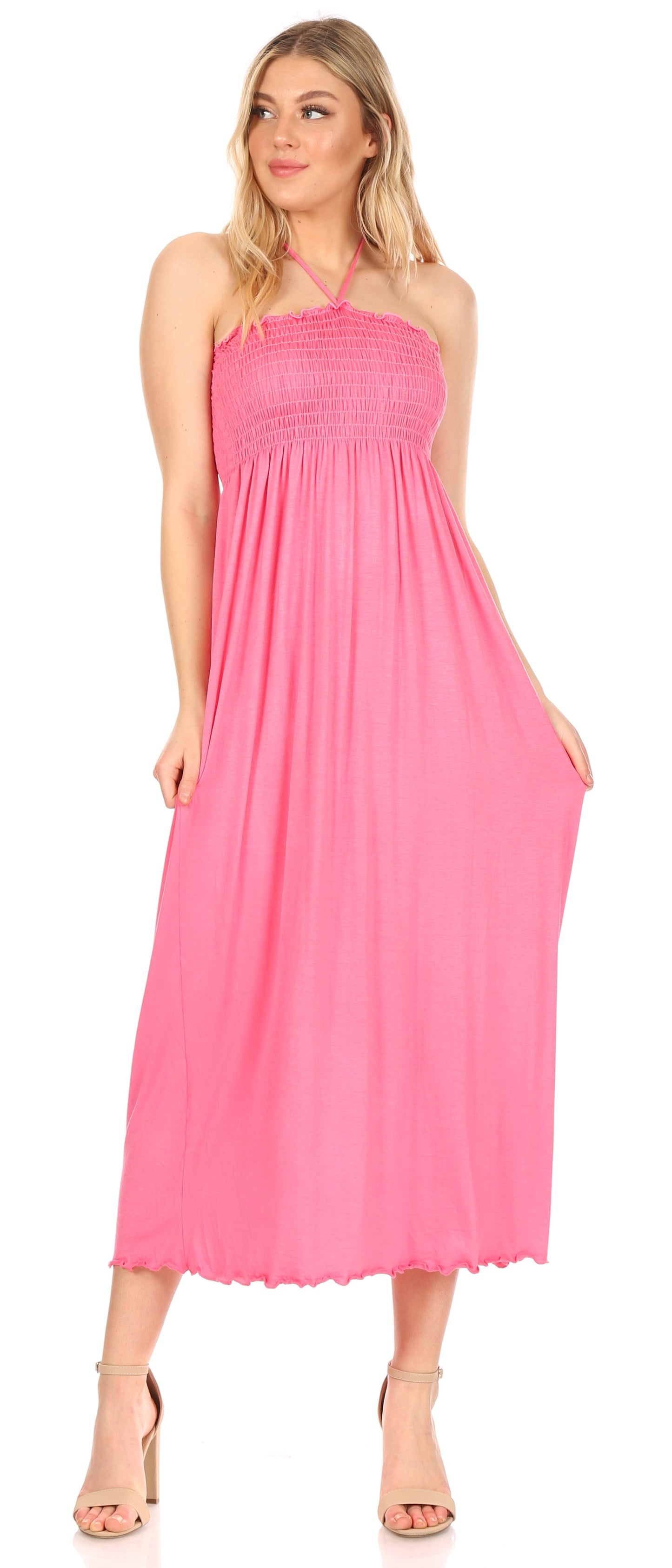 Sakkas Soft Jersey Feel Solid Color Smocked Bodice String Halter Long Dress - Concordia Style Boutique