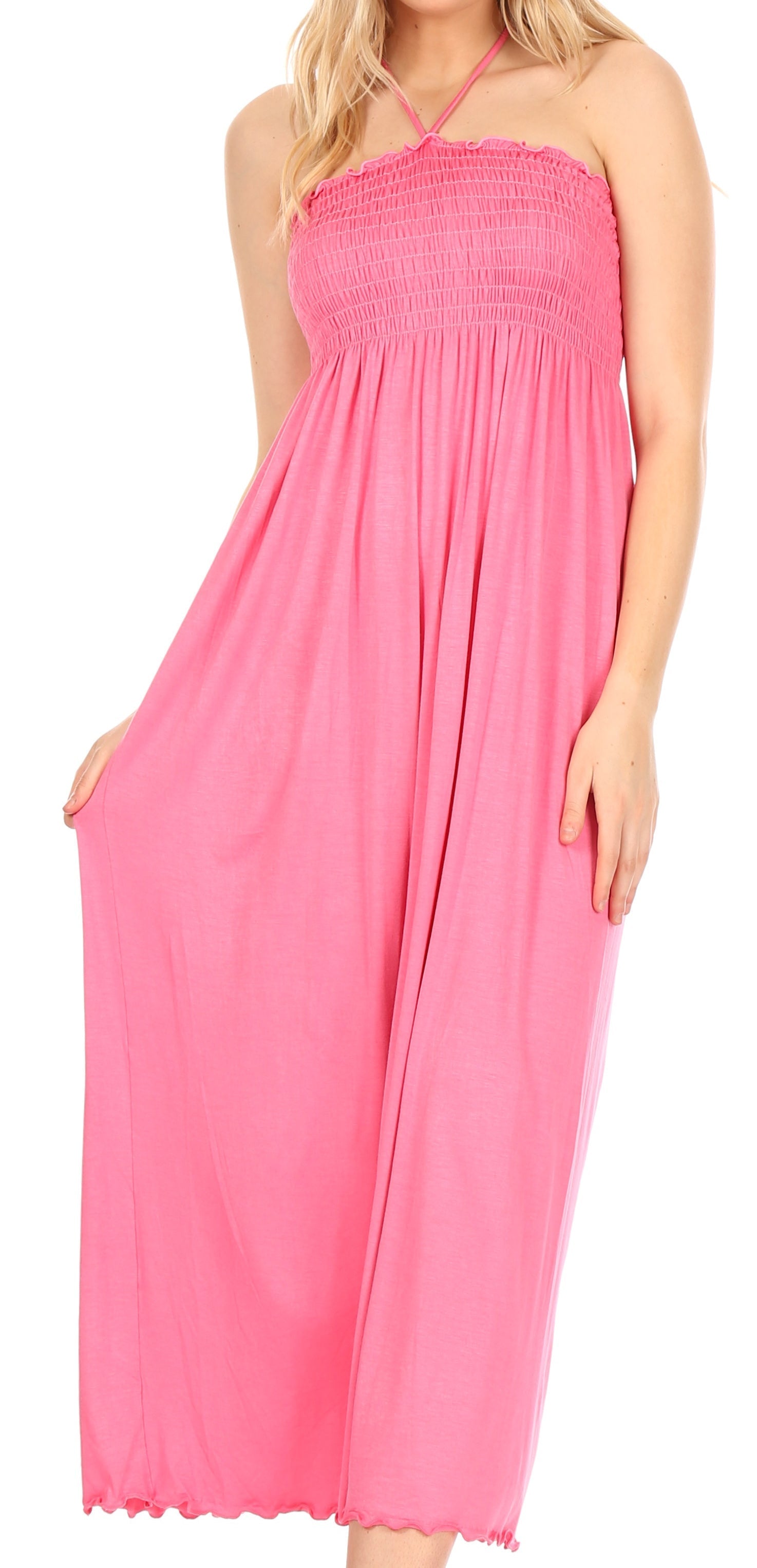 Sakkas Soft Jersey Feel Solid Color Smocked Bodice String Halter Long Dress - Concordia Style Boutique